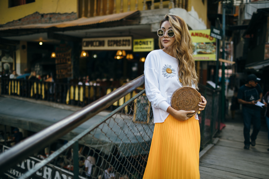 Yellow Pleated Skirt and Daisys - New Sunglasses Shapes That Are Fun and Luxe // NotJessFashion.com
