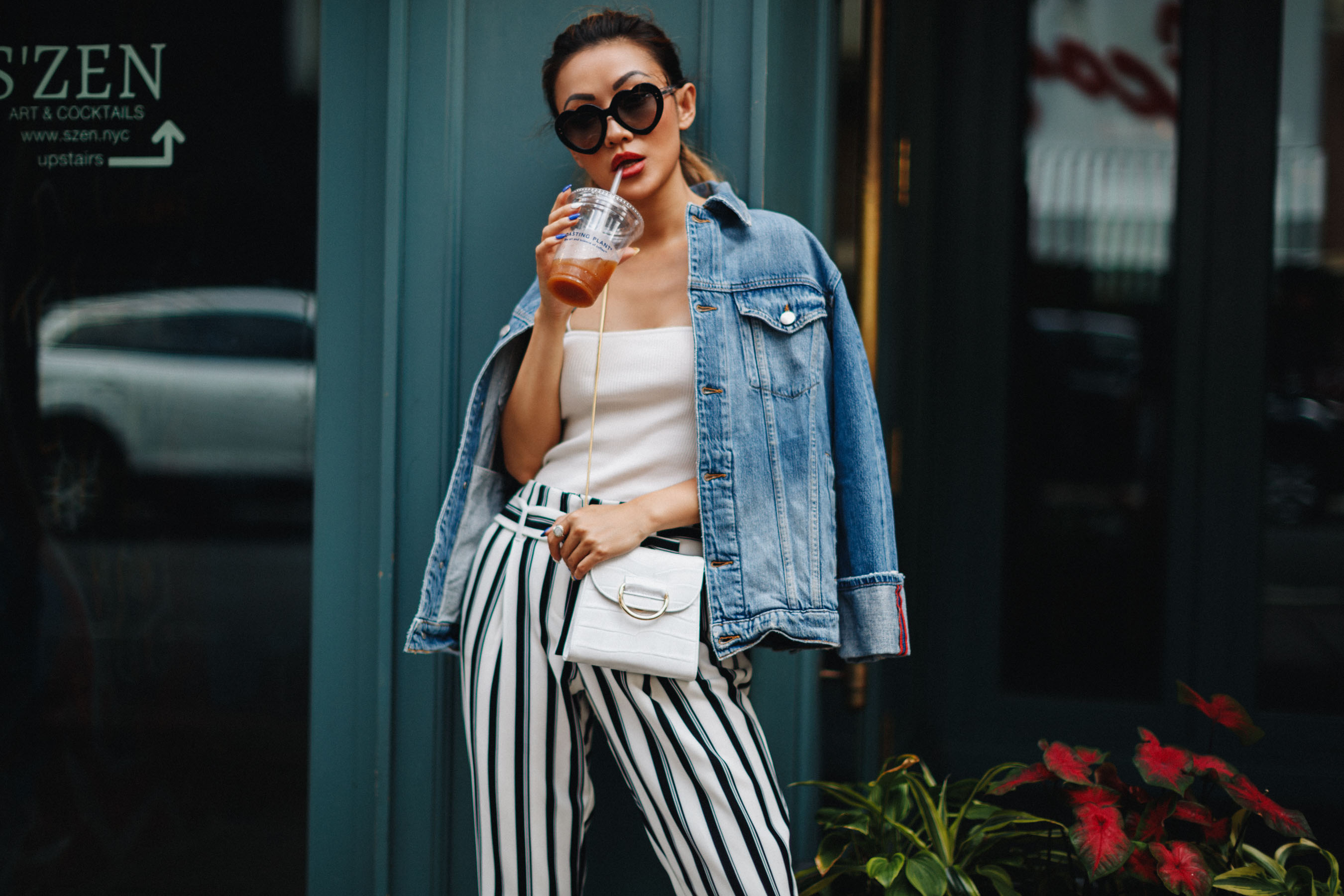 7 Posing Tips for Bloggers - denim jacket with white cami and stripe palazzo pants // Notjessfashion.com