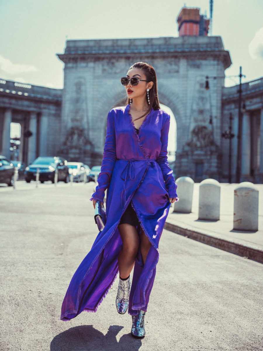 4 Purple Outfits That Prove The Color is Here to Stay - Purple silk kimono, silver sequin boots // Notjessfashion.com