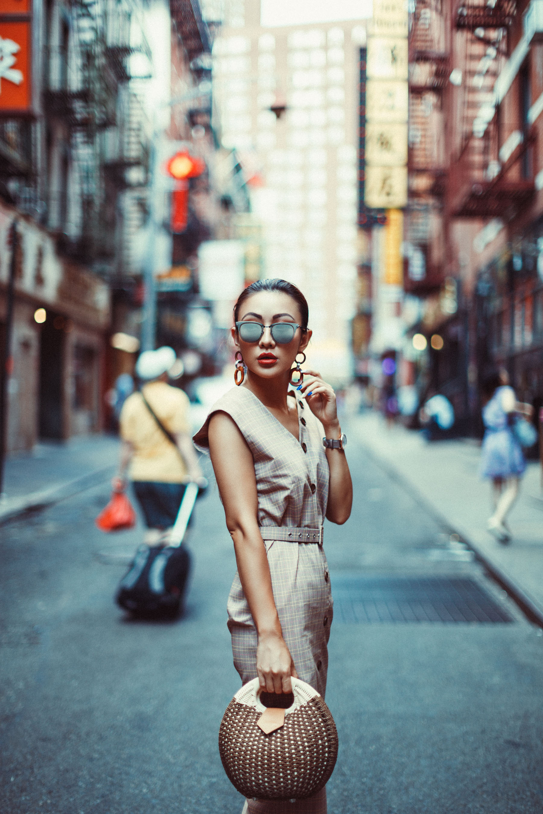 Essential Photography Tips for New Bloggers - Plaid Sheath Dress // NotJessFashion.com // jessica wang, new york fashion blogger, asian blogger, fashion blogger street style, street style fashion, straw bag, mirrored sunglasses, statement earrings, vintage fashion