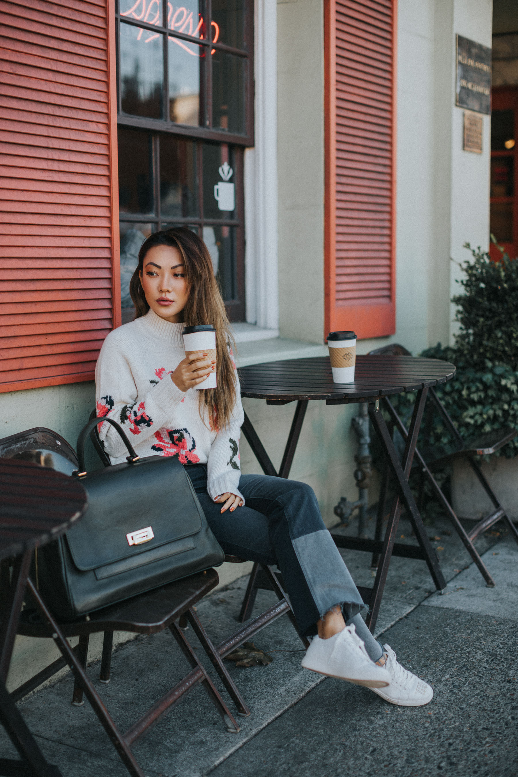 Essential Photography Tips for New Bloggers - floral sweater with jeans // NotJessFashion.com // jessica wang, new york fashion blogger, asian blogger, fashion blogger street style, street style fashion, rebecca taylor, ectu carryall, travel blogger, fall outfits, fall style, cozy fall look