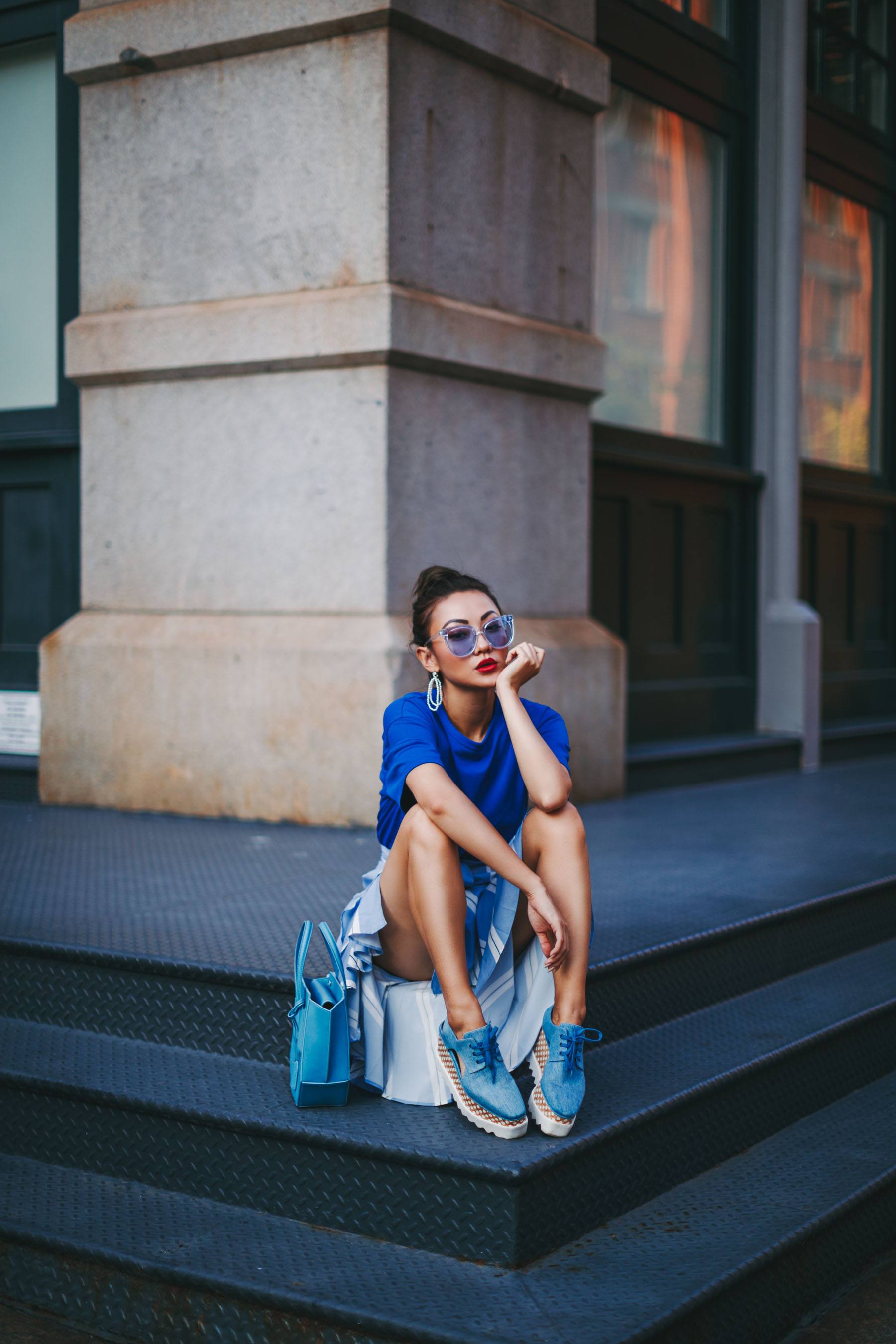 Essential Photography Tips for New Bloggers - monochrome blue outfit // NotJessFashion.com // jessica wang, new york fashion blogger, asian blogger, fashion blogger street style, street style fashion, edgy style, stella mccartney elyse, denim shoes, blue sunglasses, stella mccartney elyse denim, creeper wedges, urban fashion