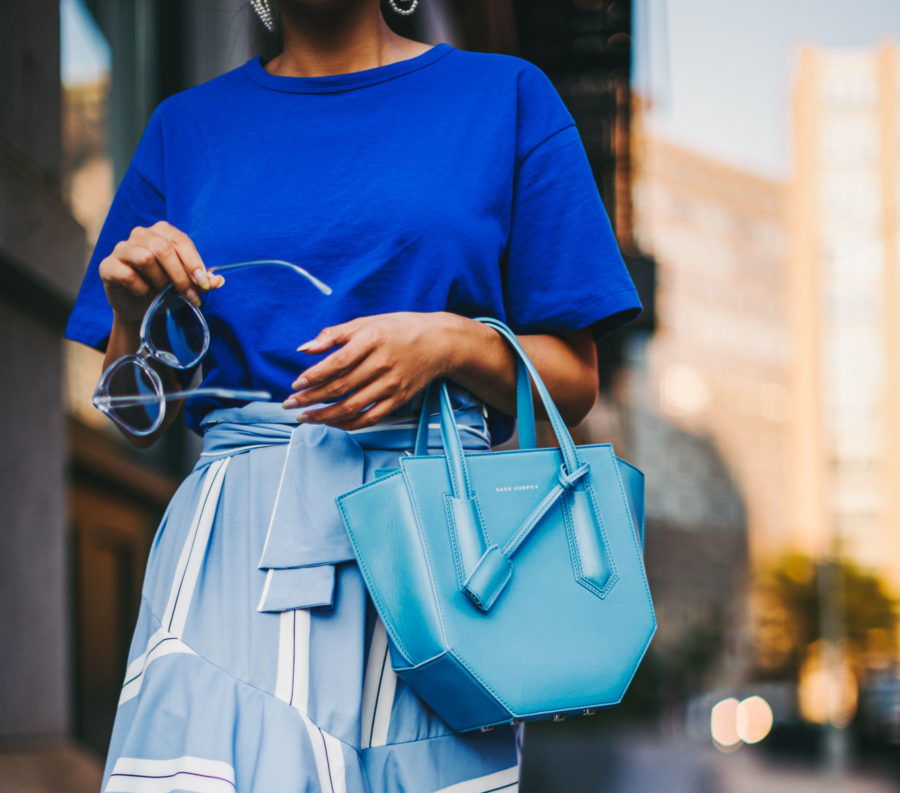 5 Must-Have Sunglasses Every It-Girl Is Wearing Now - Clear Framed Sunglasses, Blue Monochromatic Look, Geometric Handbag, Blue Clear Frame Sunglasses, Blue Stripe Ruffle Skirts, Streetstyle, Jessica Wang // NotJessFashion.com