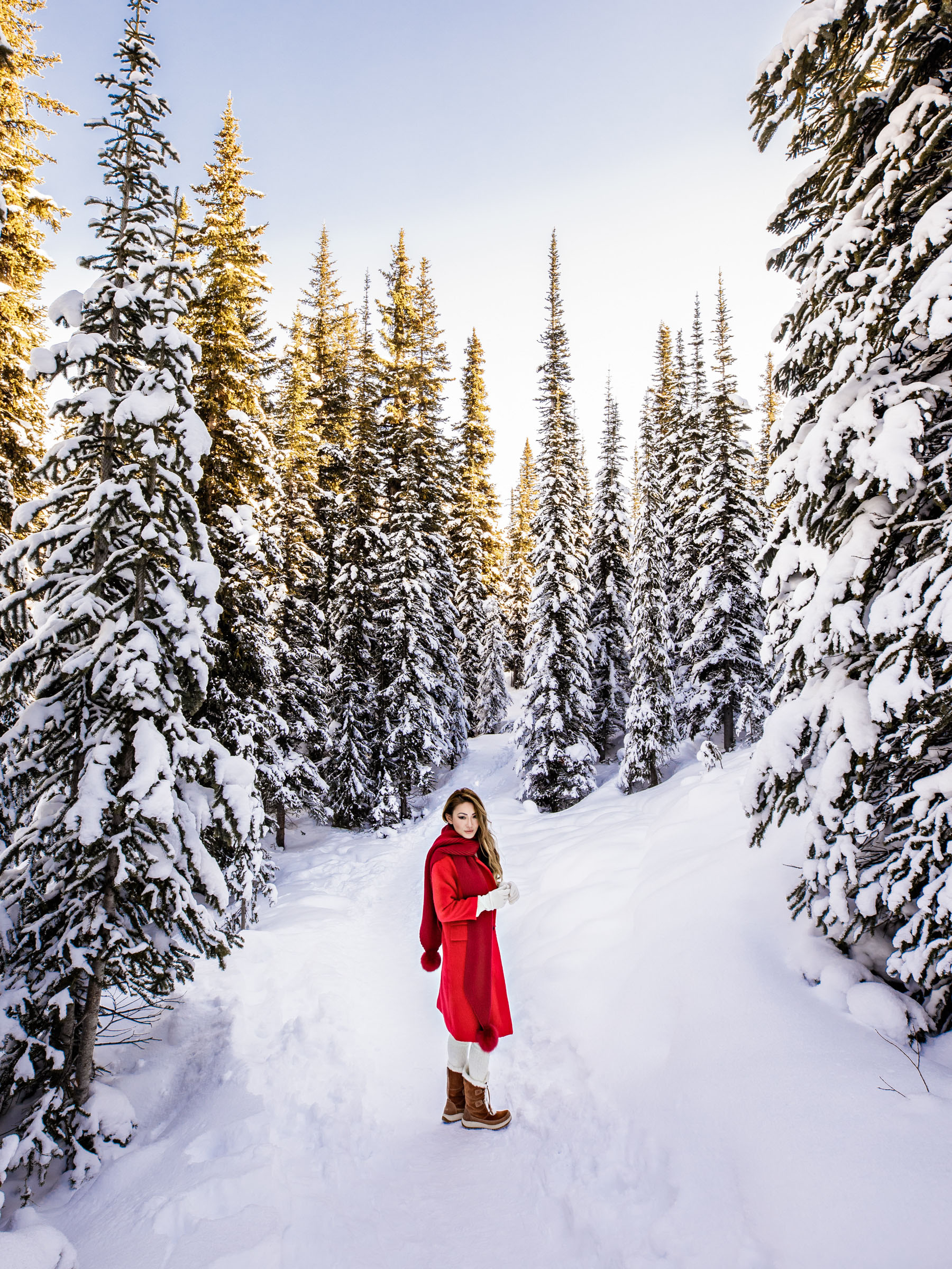 Banff Travel Guide - Red Coat with Pom Pom Scarf and Snow Boots // Notjessfashion.com