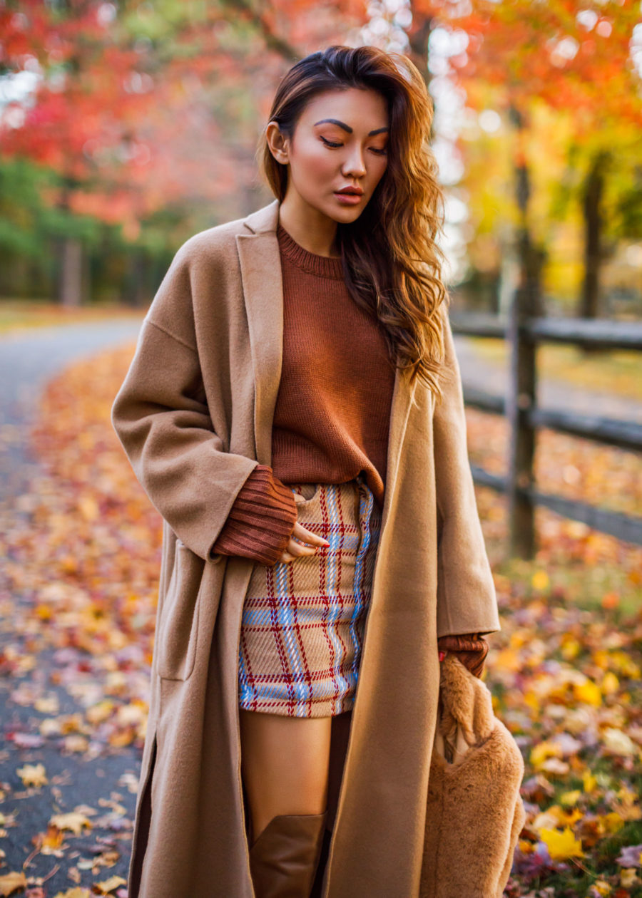 What to wear with knee high boots - Plaid Mini Skirt with Over the Knee Boots and Camel Coat // Notjessfashion.com