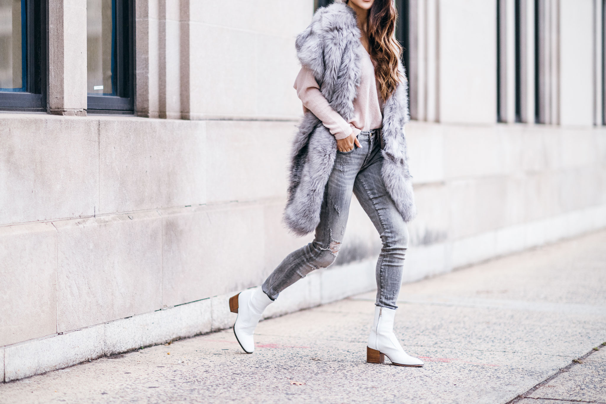 Types of Scarves To Elevate Your Look - Gray Fur Stole with White Booties // Notjessfashion.com // New York fashion blogger, asian blogger, fashion blogger street style, street style fashion, new york street style, winter outfit, cozy winter outfit, layered outfit, winter layers, gray denim, distressed denim, gray denim outfit, cute winter style, jessica wang, fur stole trend, fur stole outfits, white booties, white boot trend