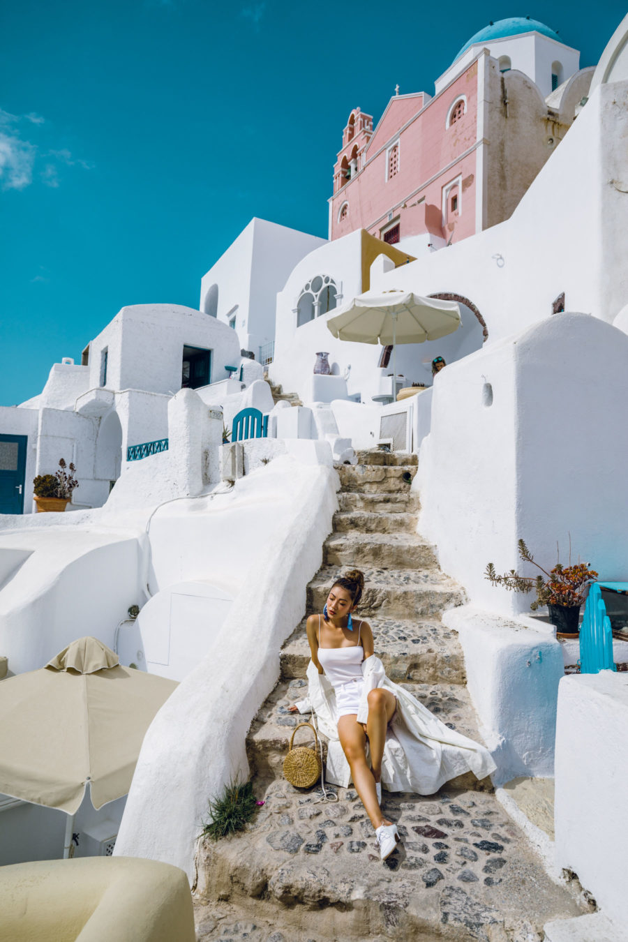 How to Style Square Neckline Pieces - white bodysuit, all white summer outfit, greece travel look // Notjessfashion.com