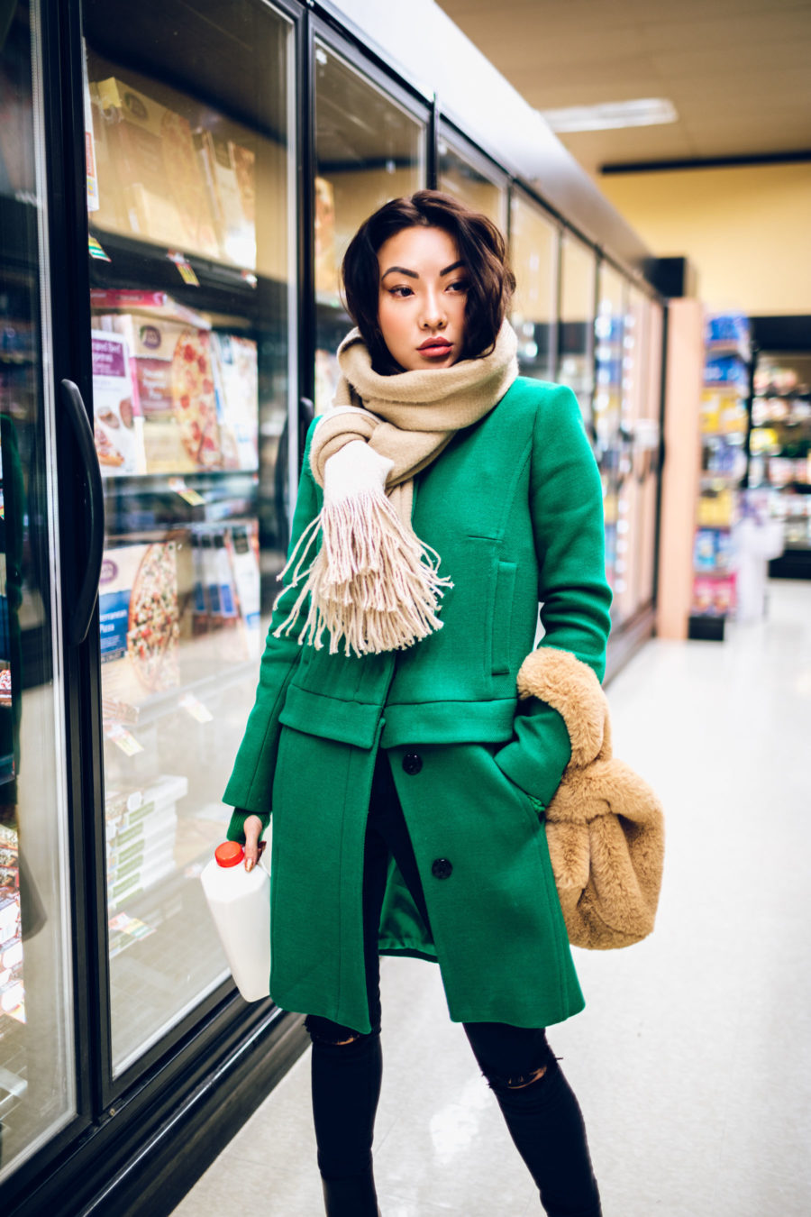 fashion blogger jessica wang wears green coat, chunky scarf and affordable accessories from Amazon // Jessica Wang - Notjessfashion.com