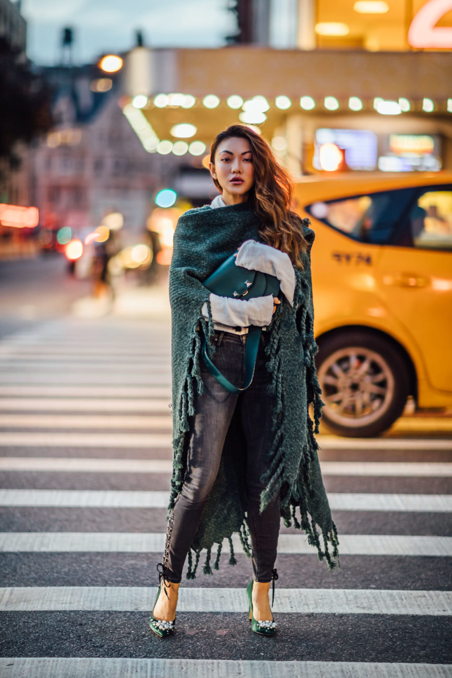 New jacket styles for fall 2018 - green fringe poncho, green cape // Notjessfashion.com