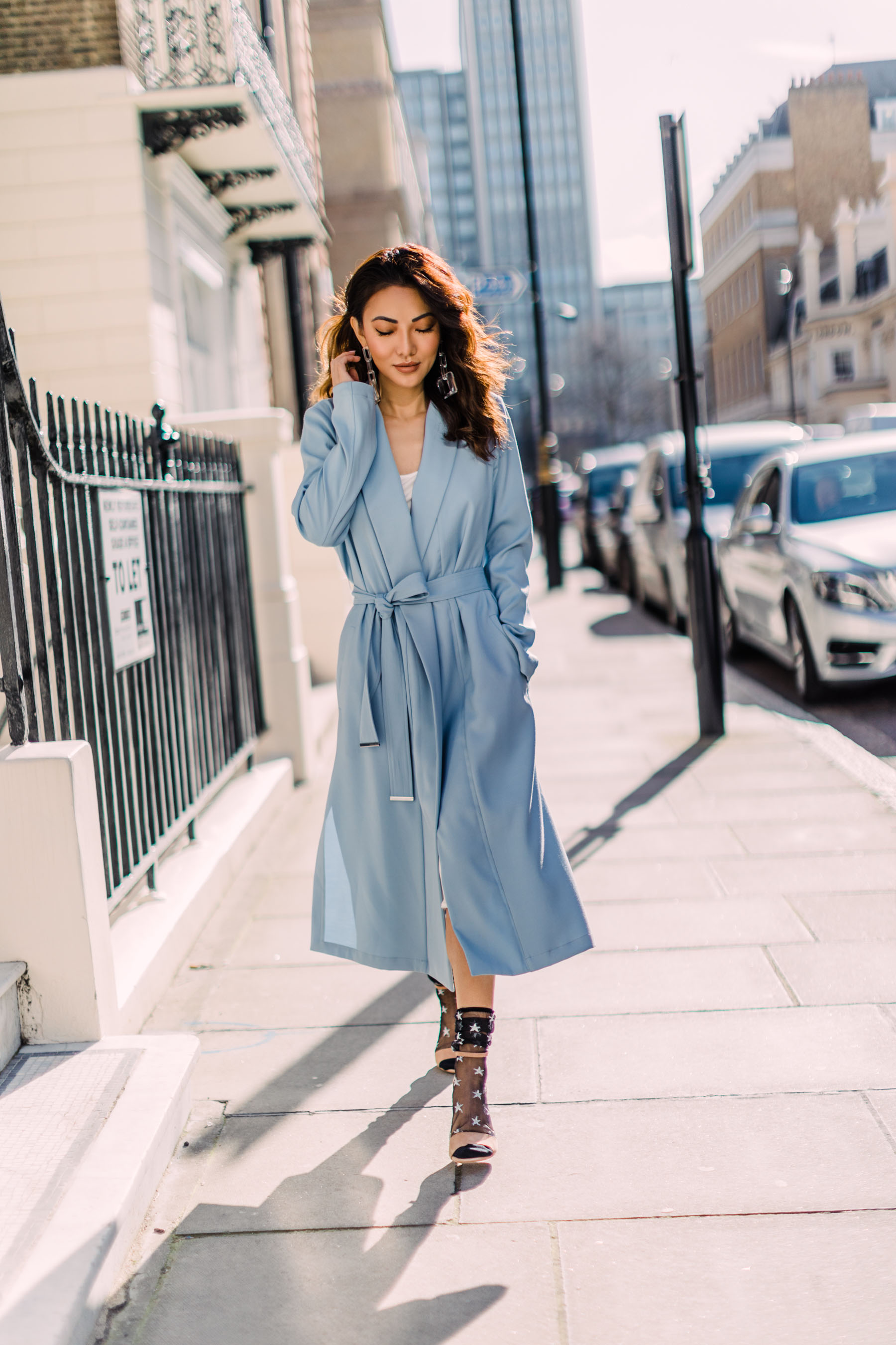 Transition Your Wardrobe into Spring - DSW Nude heels, blue trench coat, socks with sandals, nude heels, nude sandals, minimalist heels, ankle strap heels // Notjessfashion.com