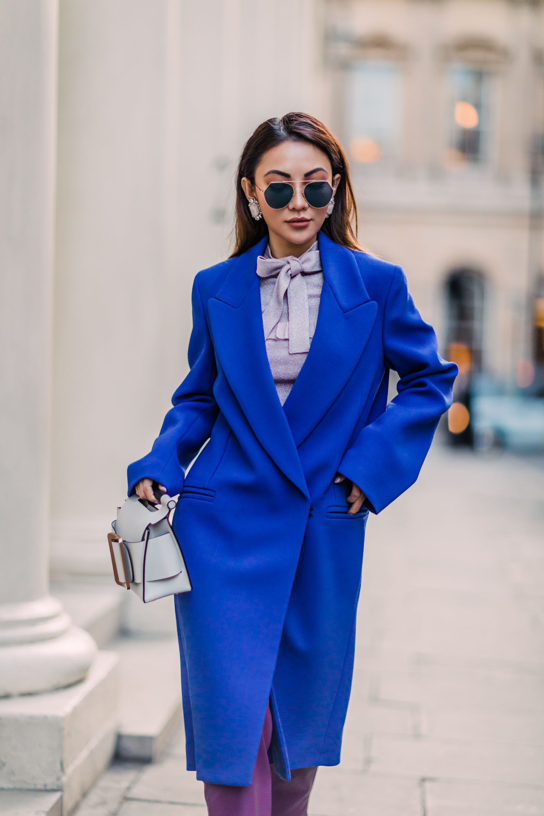 London Fashion Week Recap 2 - blue coat, white boots, purple pants, bold colors outfit // Notjessfashion.com
