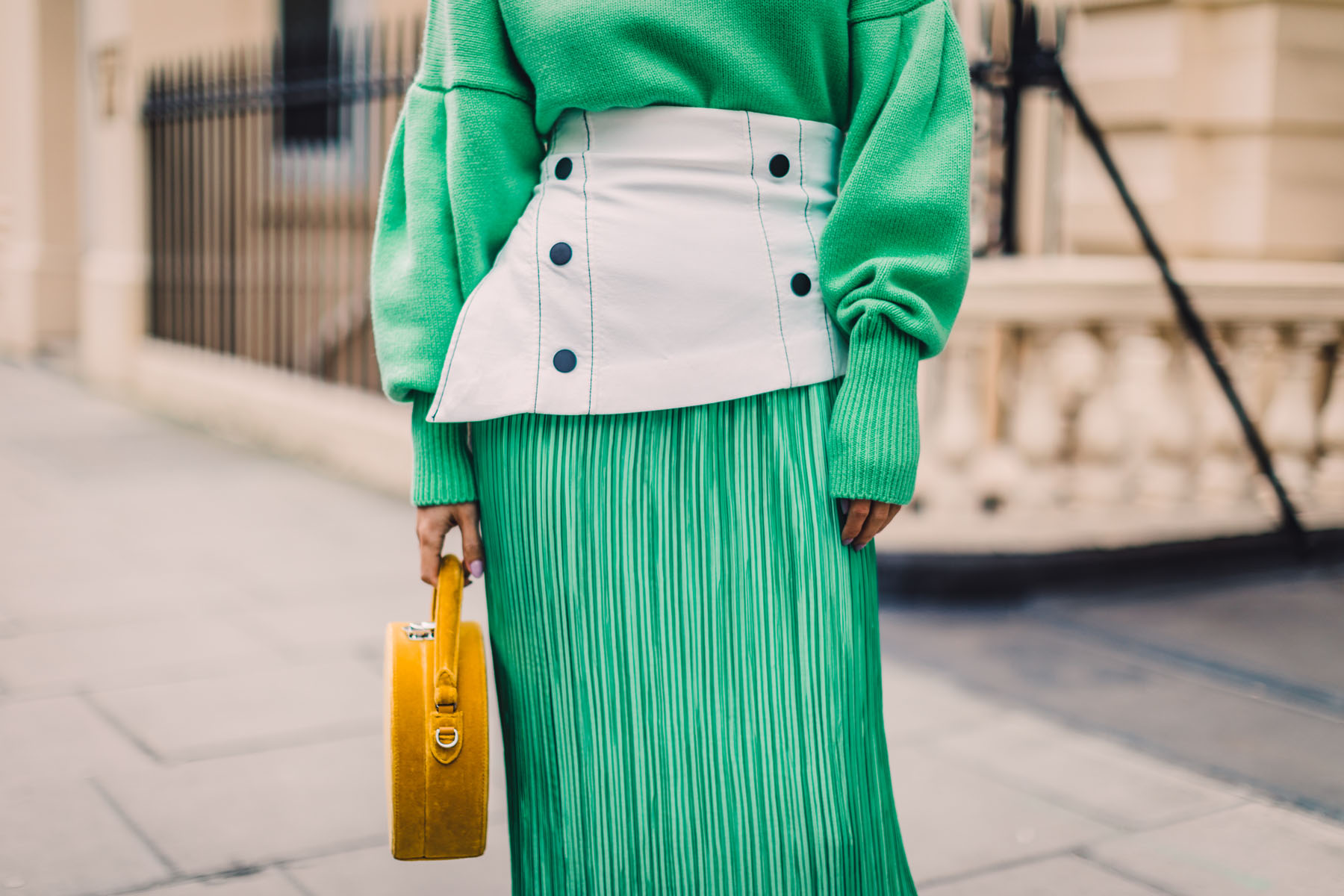 London Fashion Week Recap - green pleated dress, white corset belt, yellow handbag, white attico pumps // Notjessfashion.com