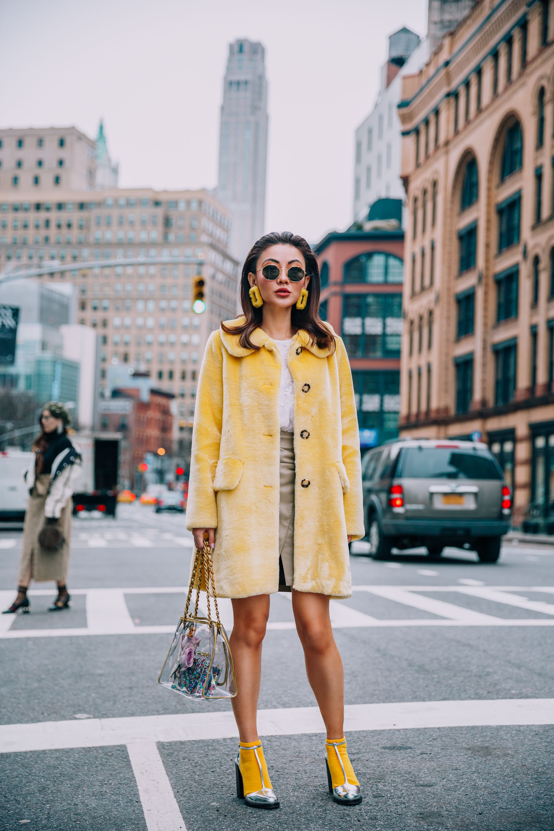 NYFW 2018 Street Style - Yellow Shrimps Coat with Chanel Clear Bag // Notjessfashion.com