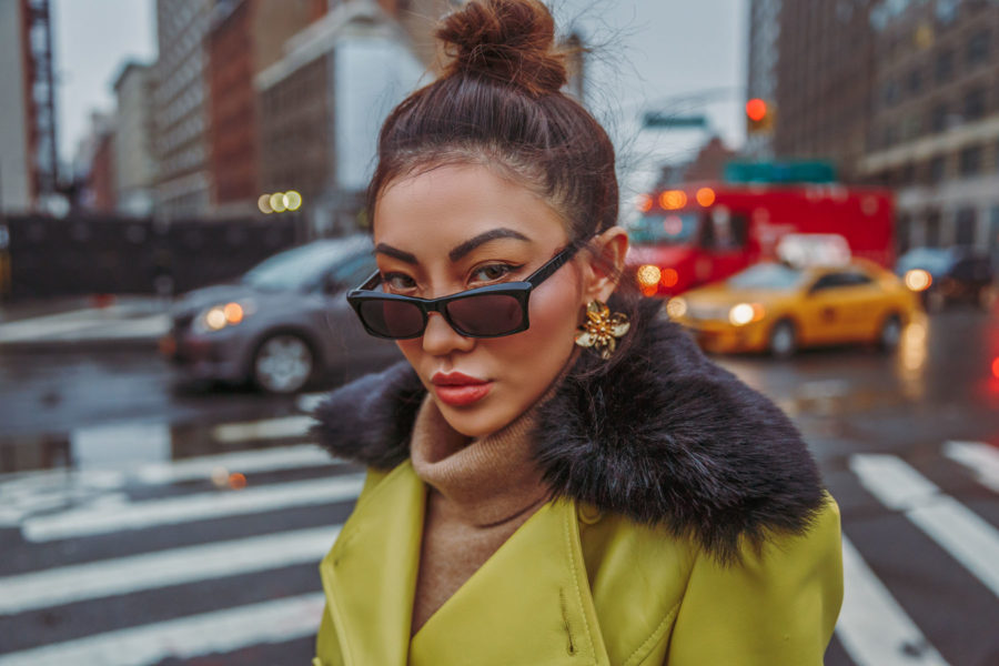 5 Must-Have Sunglasses Every It-Girl Is Wearing Now - Tiny Sunglasses Trend, Yellow Leather Jacket, How To Wear Small Sunglasses, Black Tiny Glasses, Jessica Wang // NotJessFashion.com