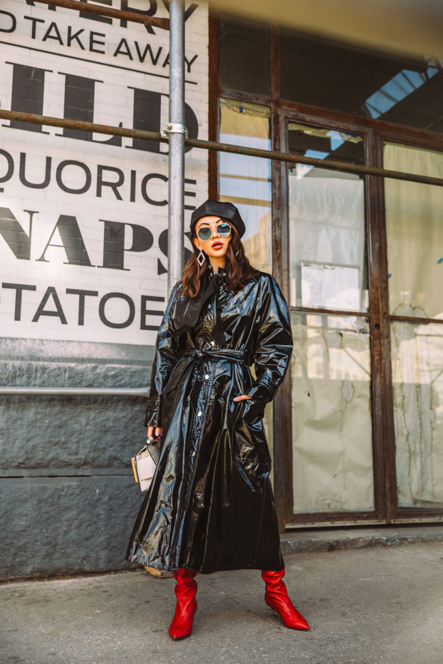 What to wear with knee high boots isabel marant vinyl trench coat, paul andrew boots, fendi sunglasses, boyy handbag, knee high boots, NYFW AW18 street style // Notjessfashion.com