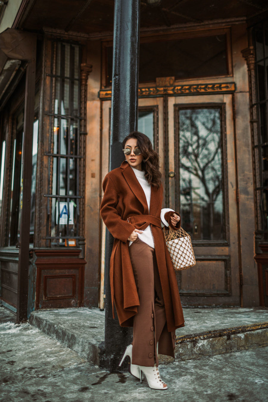 Winter wardrobe essentials - staud macrame bag, brown button trousers, wrap coat, robe coat, chic winter outfit, new york fashion blogger, aviator sunglasses, brown monochromatic outfit // Notjessfashion.com