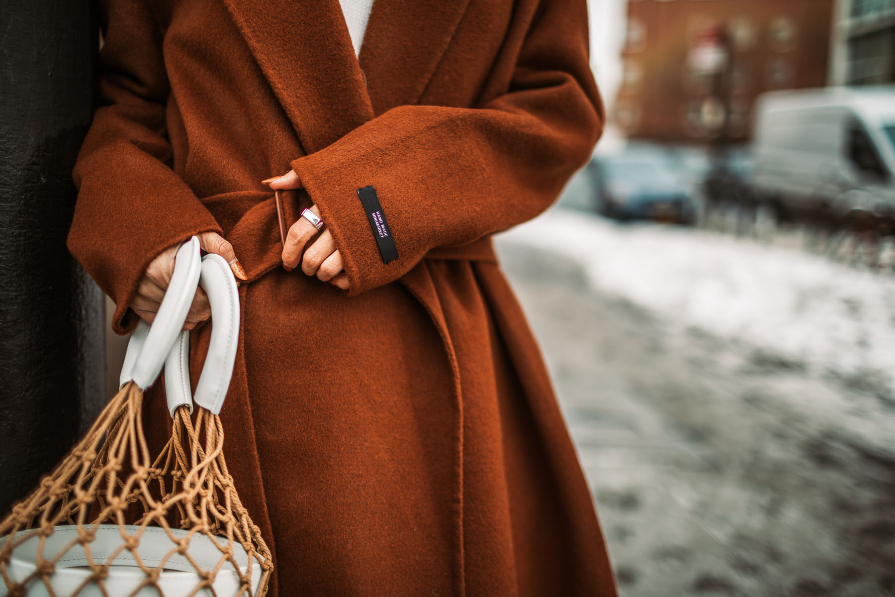 Up and Coming Handbag Brands to Know in 2018 // Notjessfashion.com // staud macrame bag, brown button trousers, wrap coat, robe coat, chic winter outfit, new york fashion blogger,