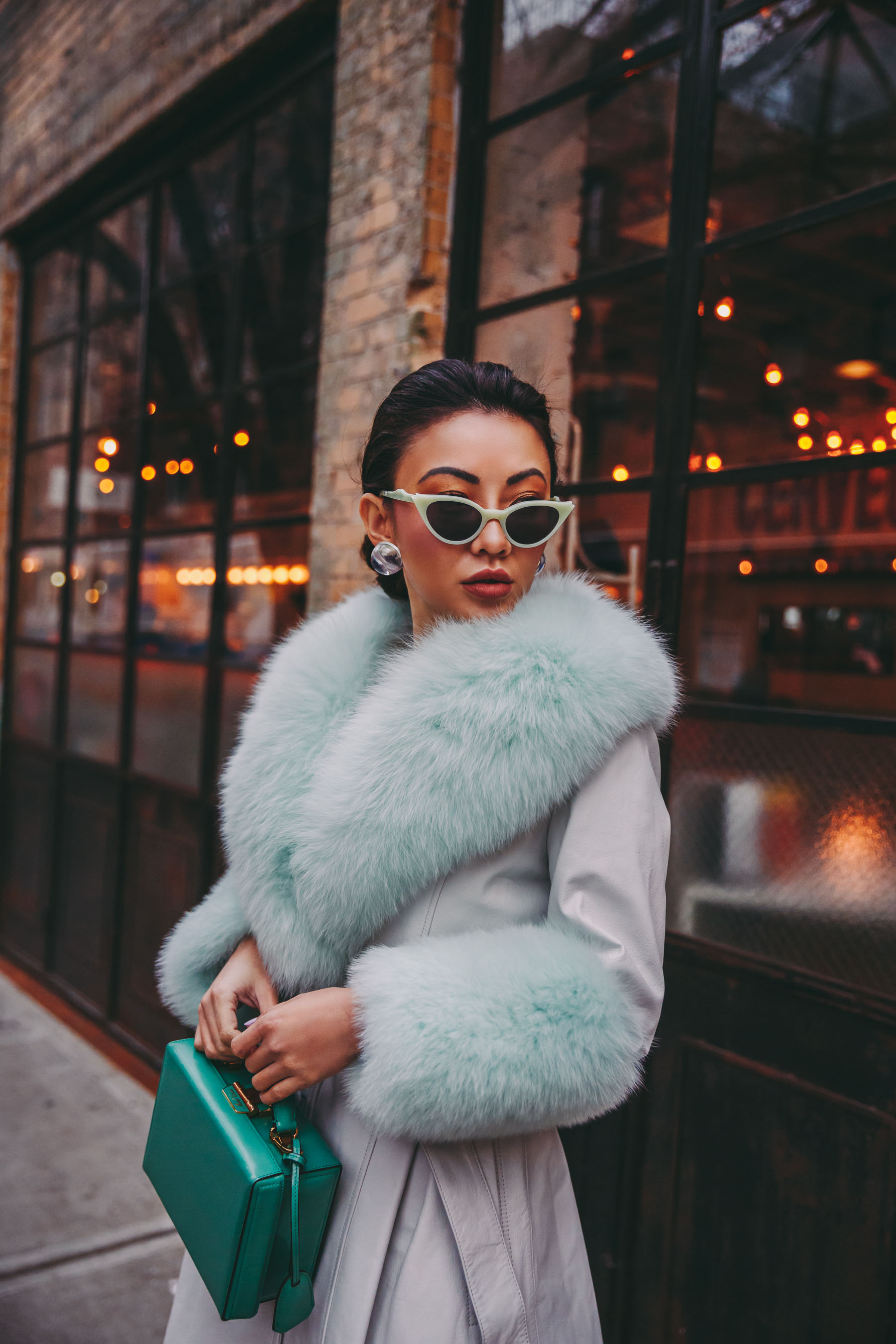 How to Wear Pastel in the winter - Mint fur coat, belted fur coat, nyfw street style // Notjessfashion.com