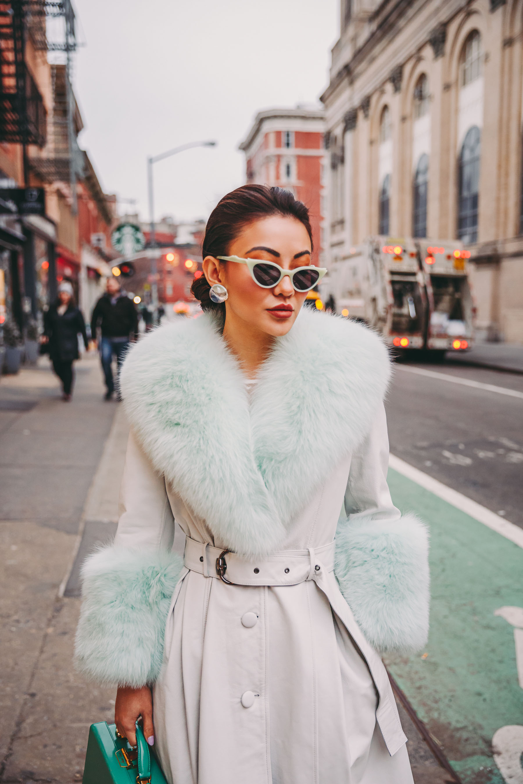 How to Wear Pastel in the winter - Mint fur coat, belted fur coat, nyfw street style, green sunglasses // Notjessfashion.com
