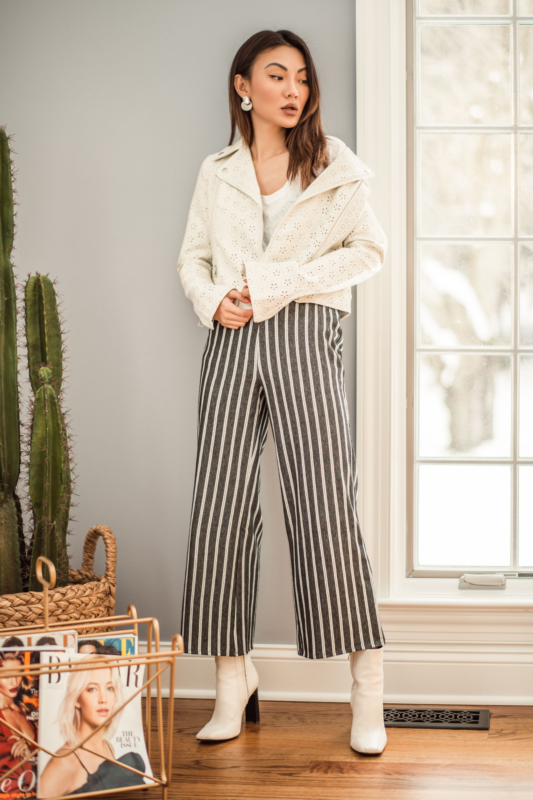 Work Wear Trends for an Ultra Chic Look - Express leather jacket, Express striped trousers, white ankle boots, professional spring outfit, professional office look // Notjessfashion.com