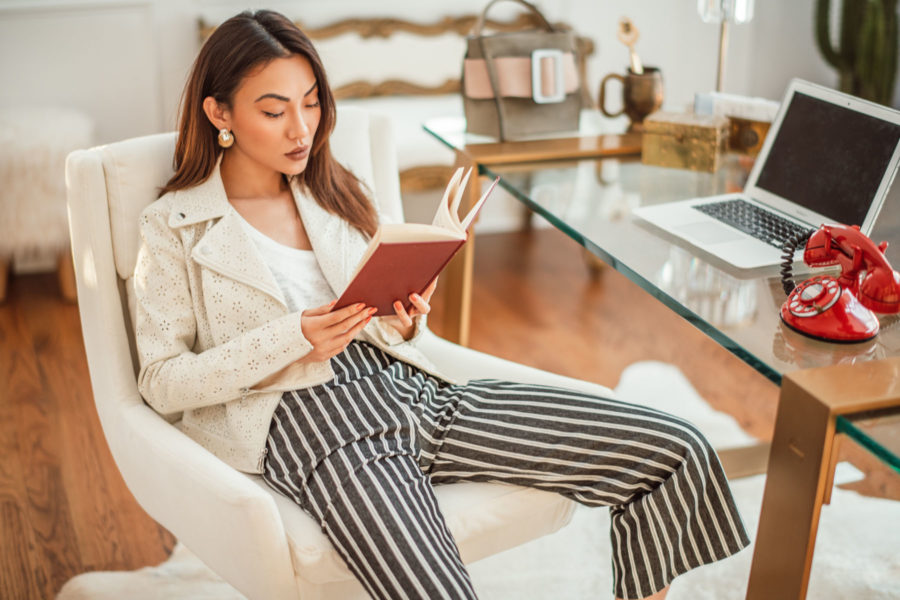 How To Start A Blog From Scratch - Striped Pants, Casual Work Wear, White Leather Jacket Outfits, Fashion Blogger Home Office Space, Jessica Wang // NotJessFashion.com