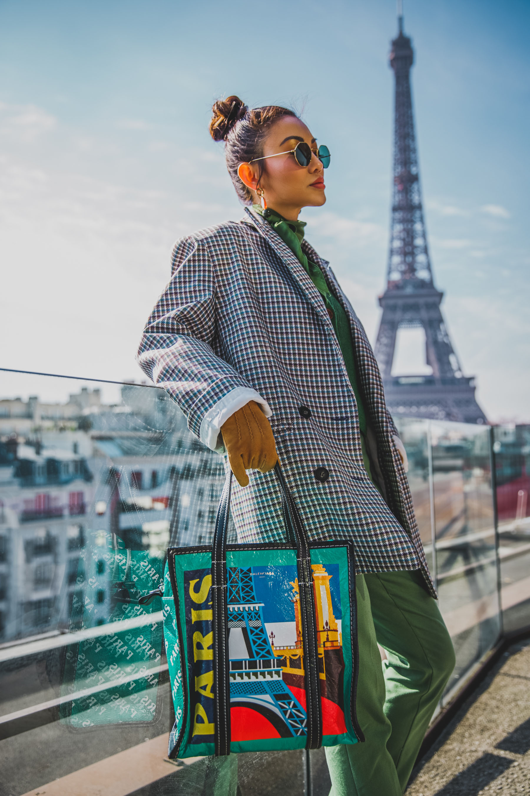 2018 handbag trend - balenciaga paris shopper tote, mytheresa bags, pfw street style, green pants with plaid blazer // Notjessfashion.com