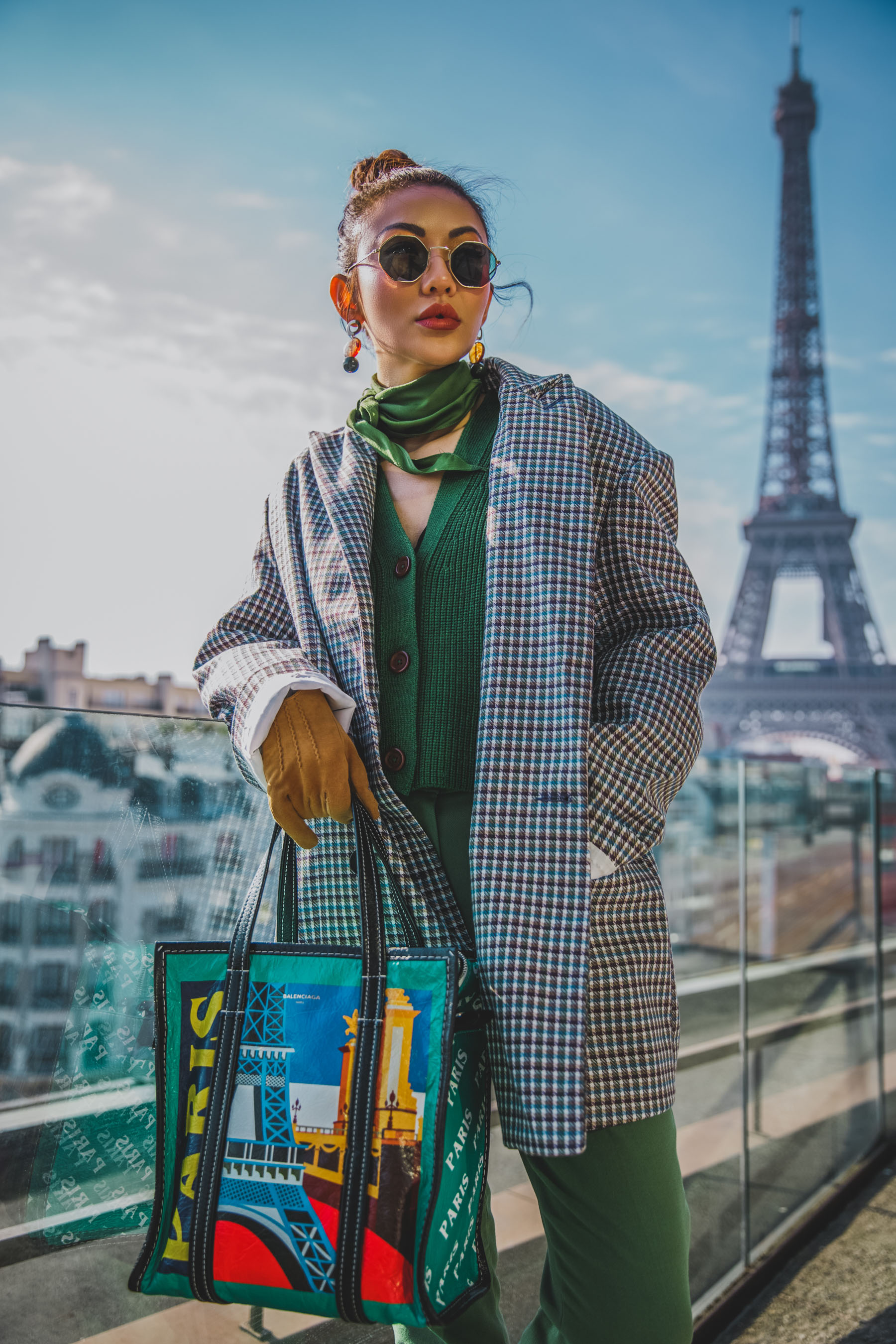 2018 handbag trend - balenciaga paris shopper tote, mytheresa bags, pfw street style, green pants with plaid blazer // Notjessfashion.com