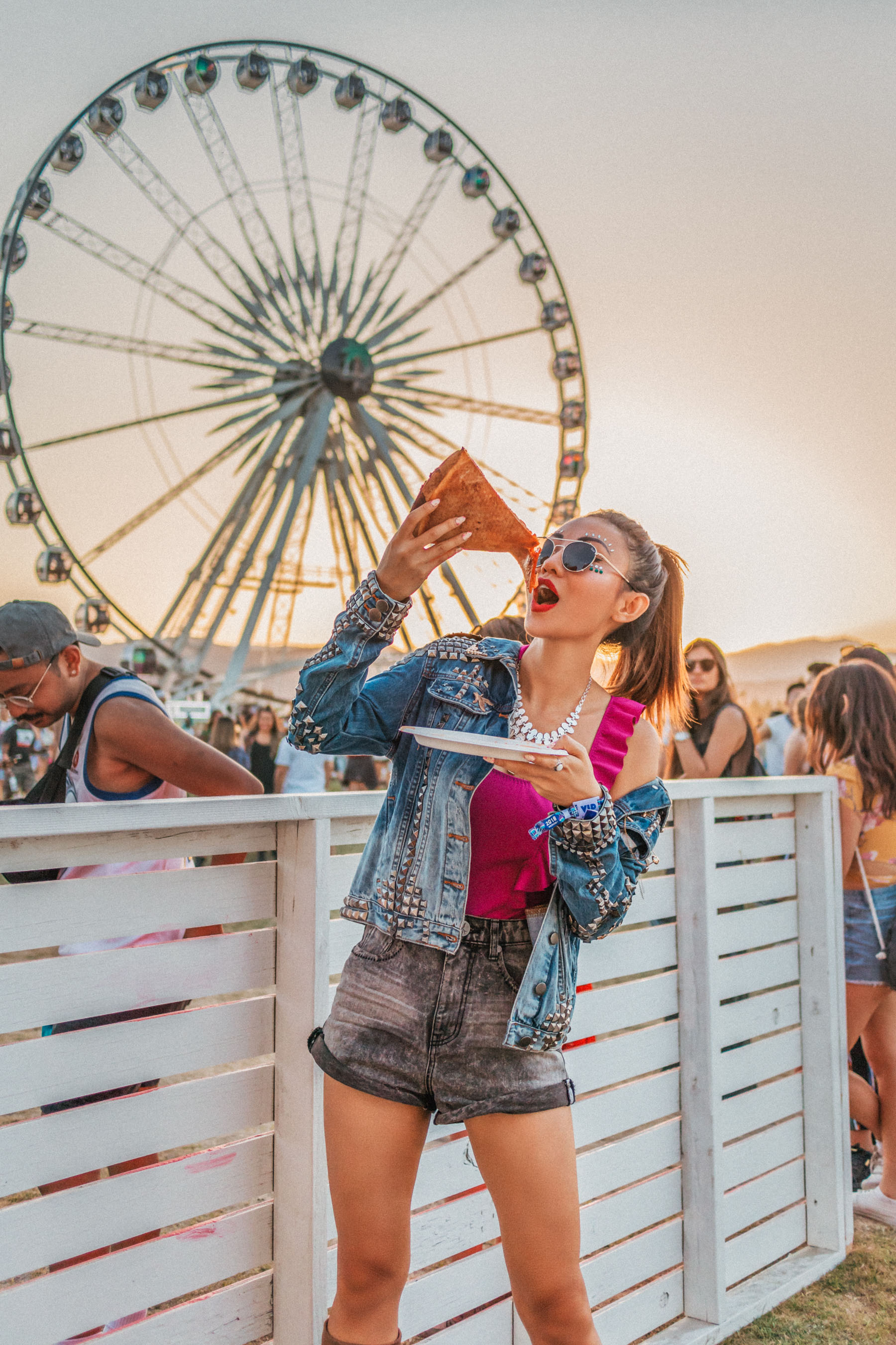 Bold Festival Style - Coachella Outfits Round Up, bright pink bathing suit, stuart weitzman brown suede boots, one teaspoon studded denim jacket // Notjessfashion.com