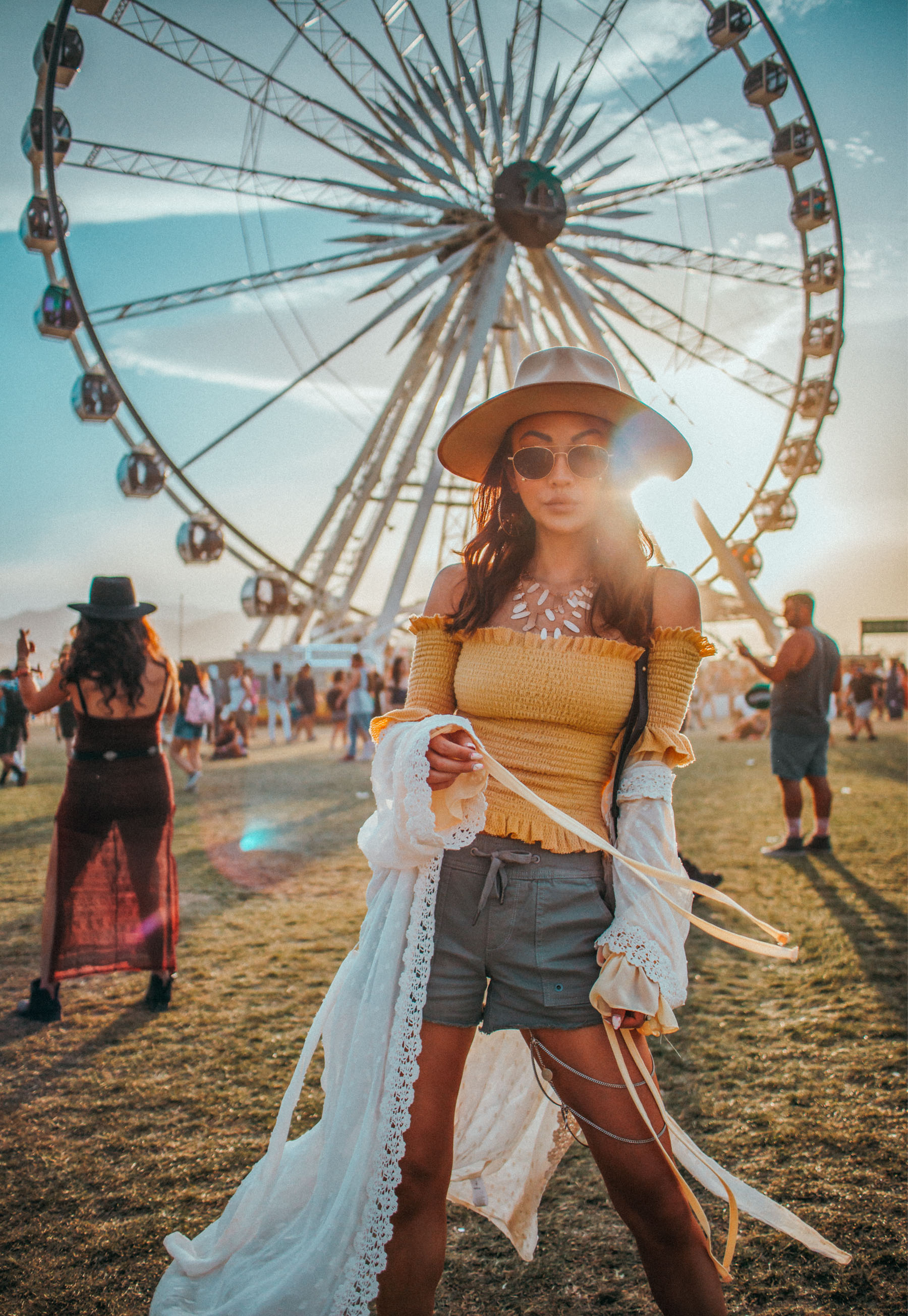 Bold Festival Style - Coachella Outfits Round Up, yellow smocked top, white crochet robe // Notjessfashion.com