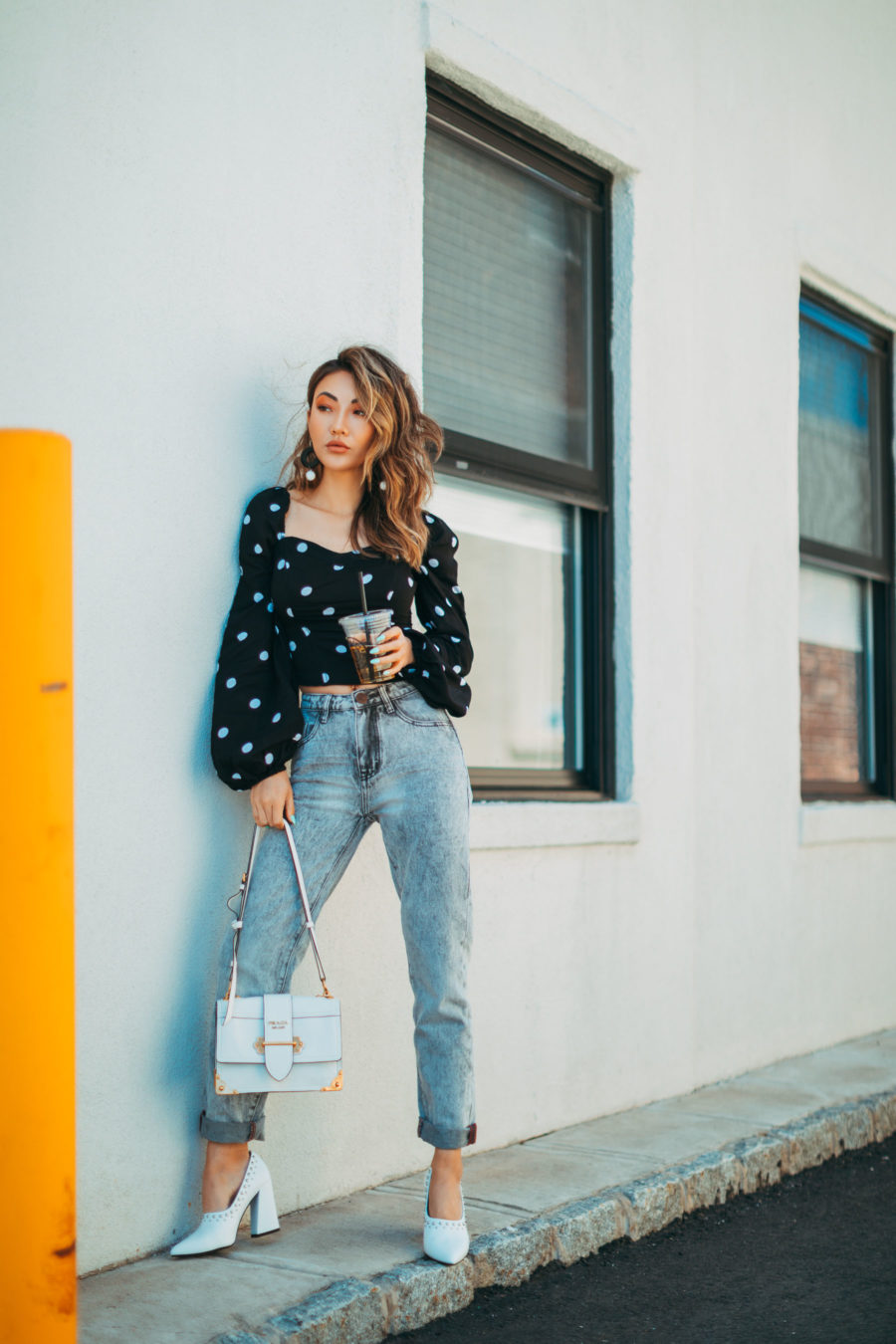 How to Style Square Neckline Pieces - polka dot blouse, boyfriend jeans, white pumps // Notjessfashion.com