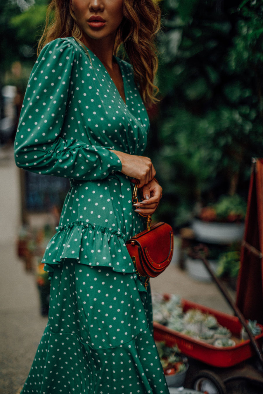 The Only 3 Wedding Guest Outfits You Need This Summer - Green Polka Dot Dress, Chloe Nile Bracelet bag, Block Heel Sandals, Summer Cocktail Dress // Notjessfashion.com