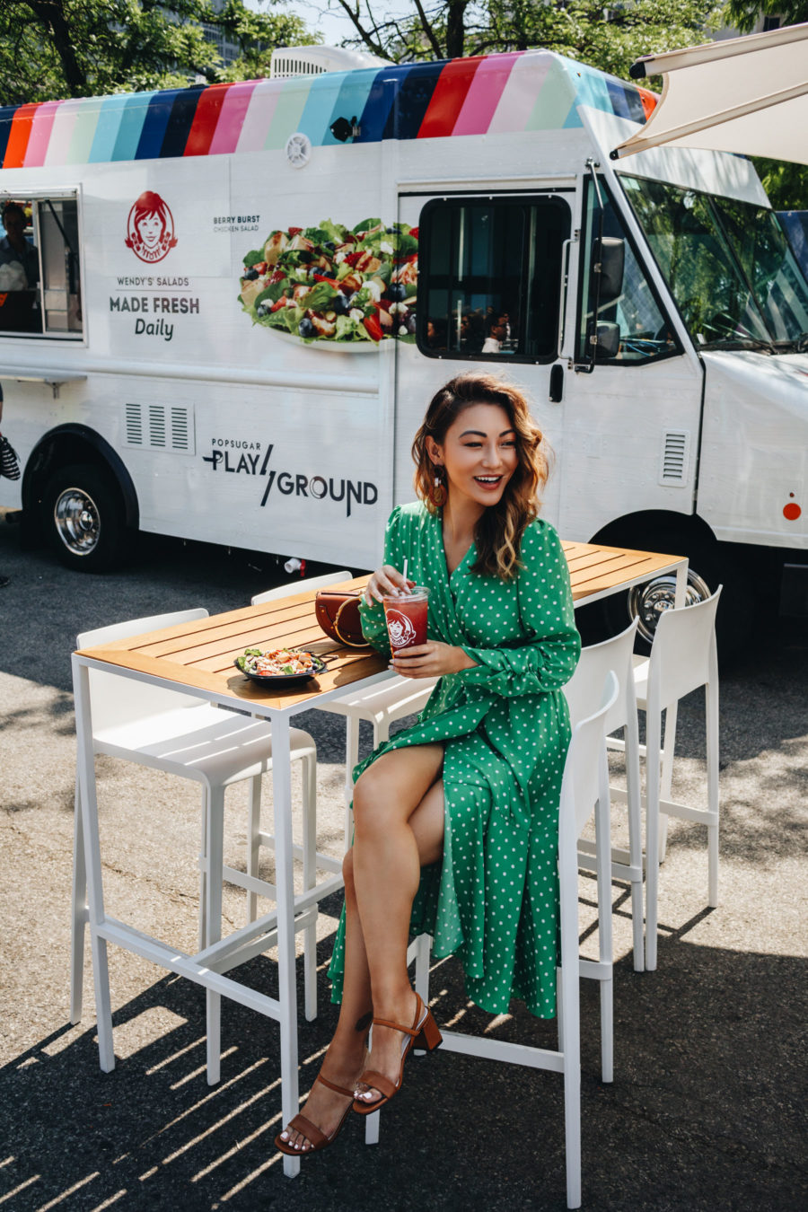 What to Wear to Your Next Blogger Event - popsugar wendy's pop up, green polka dot dress // Notjessfashion.com