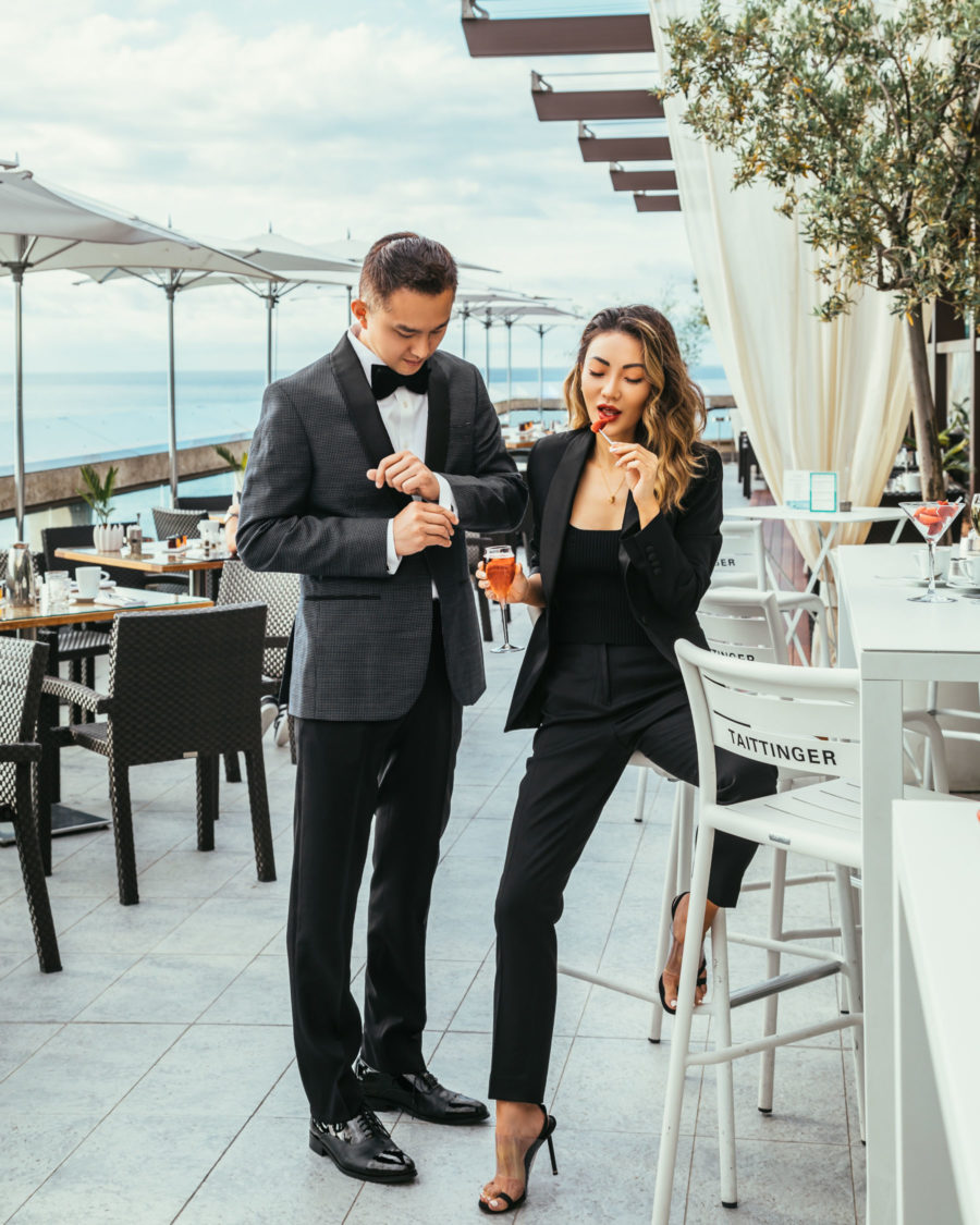 NON-CHEESY WAYS TO MATCH WITH YOUR SIGNIFICANT OTHER - similar styles, BHLDN, kipp blazer, kipp pants, Alexander wang sandals, the black tux tuxedo suit // Jessica Wang - Notjessfashion.com
