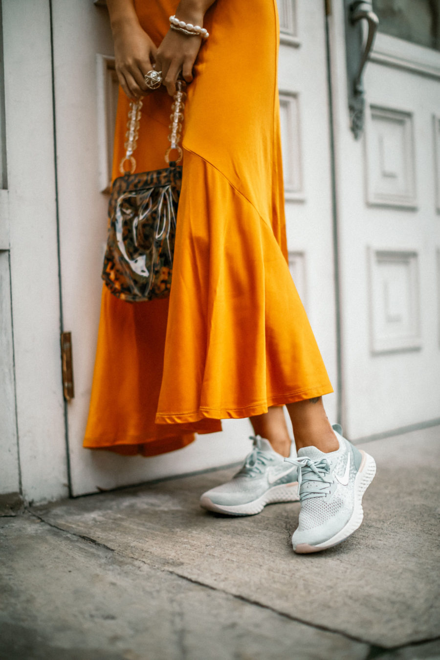 How to Wear Sneakers from Day to Night - Yellow Slip Dress sneakers, Nike Epic React Sneakers, fashion sneakers // Notjessfashion.com
