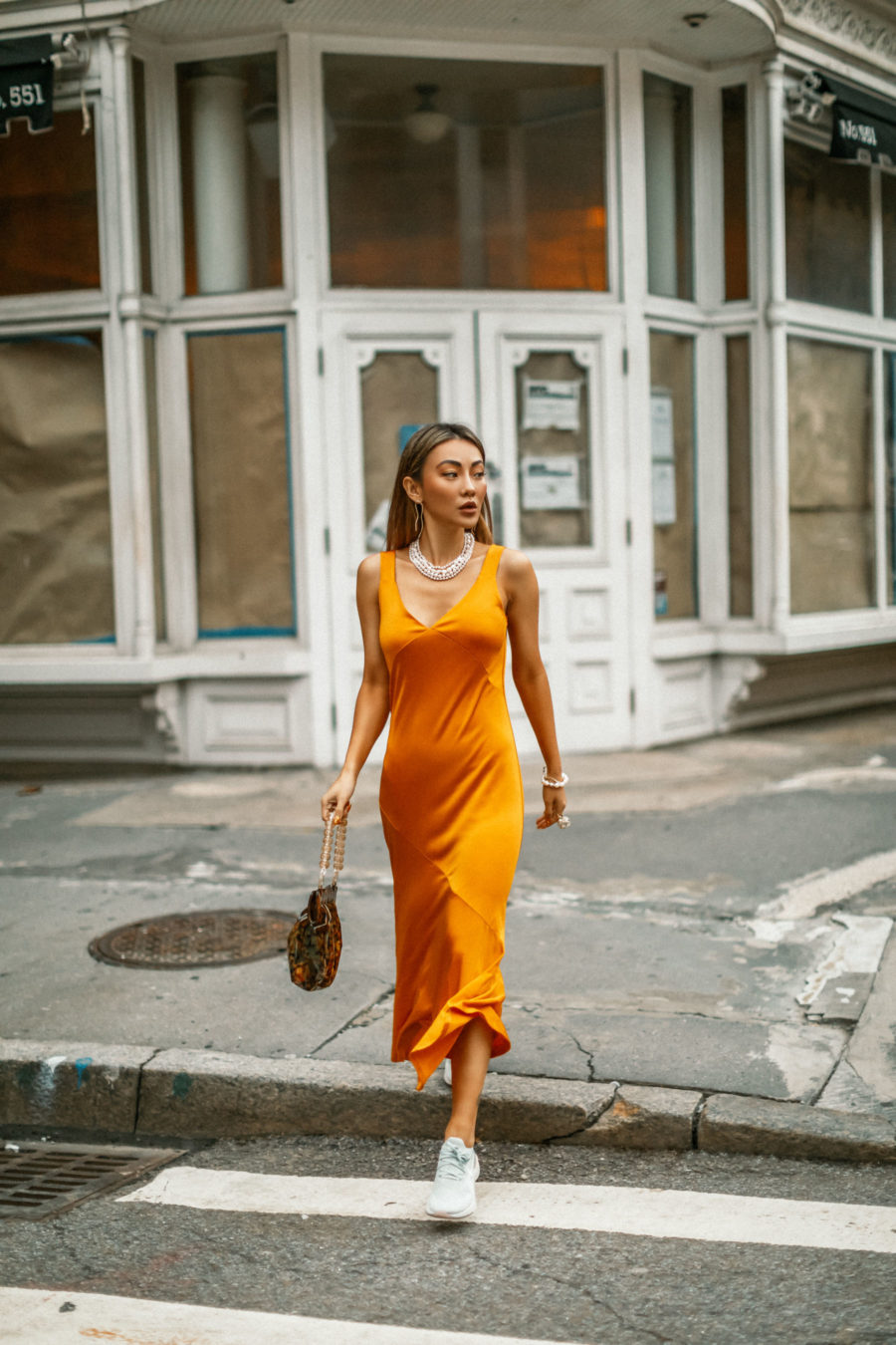 How to Wear Sneakers from Day to Night - Yellow Slip Dress sneakers, Nike Epic React Sneakers, fashion sneakers // Notjessfashion.com