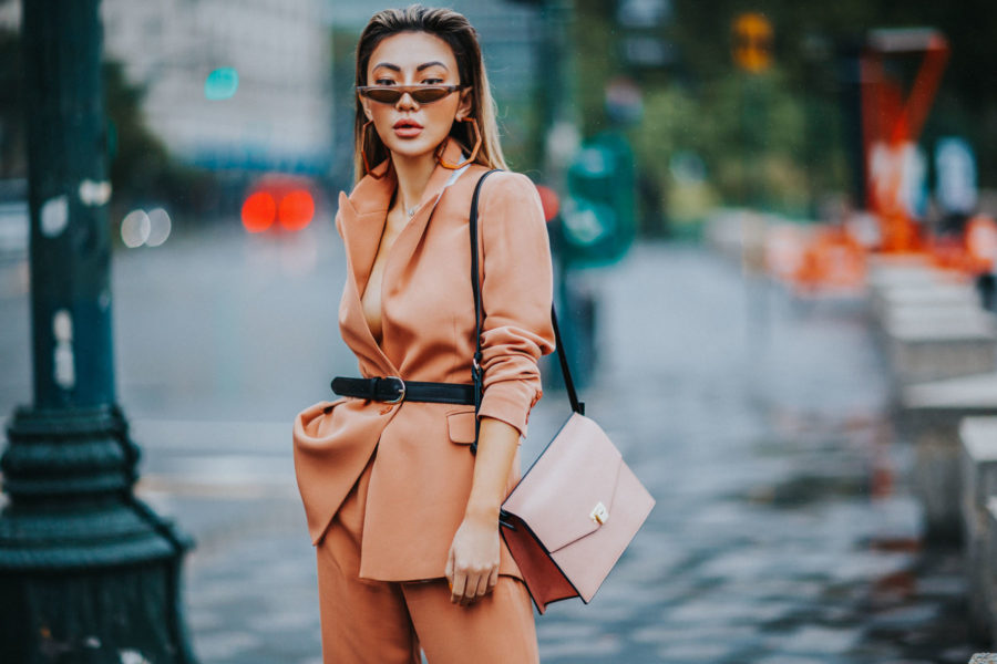 How to Style Pantsuits - Reiss Pant Suit, Belted Blazer, Tan suit, suits for women, cat eye sunglasses // Notjessfashion.com