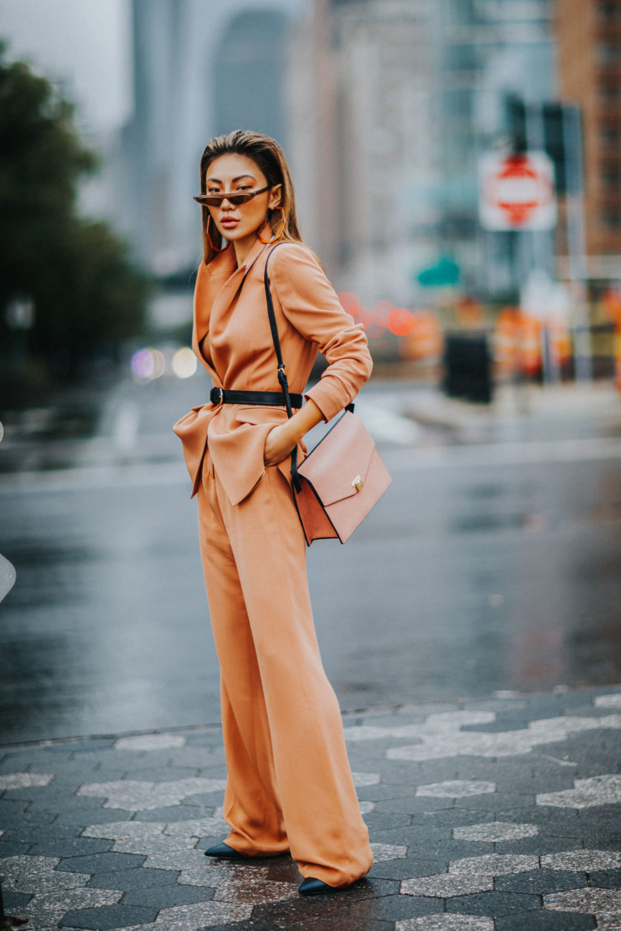 How to Style Pantsuits - Reiss Pant Suit, Belted Blazer, Tan suit, suits for women, cat eye sunglasses // Notjessfashion.com