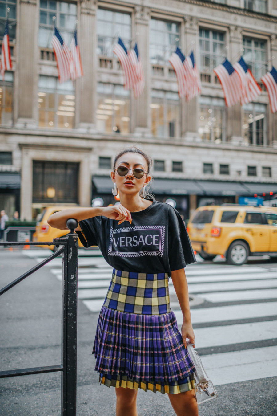 Shopping Spree in NYC with ShopRunner - Versace Tee, Plaid Skirt, White Boots // Notjessfashion.com