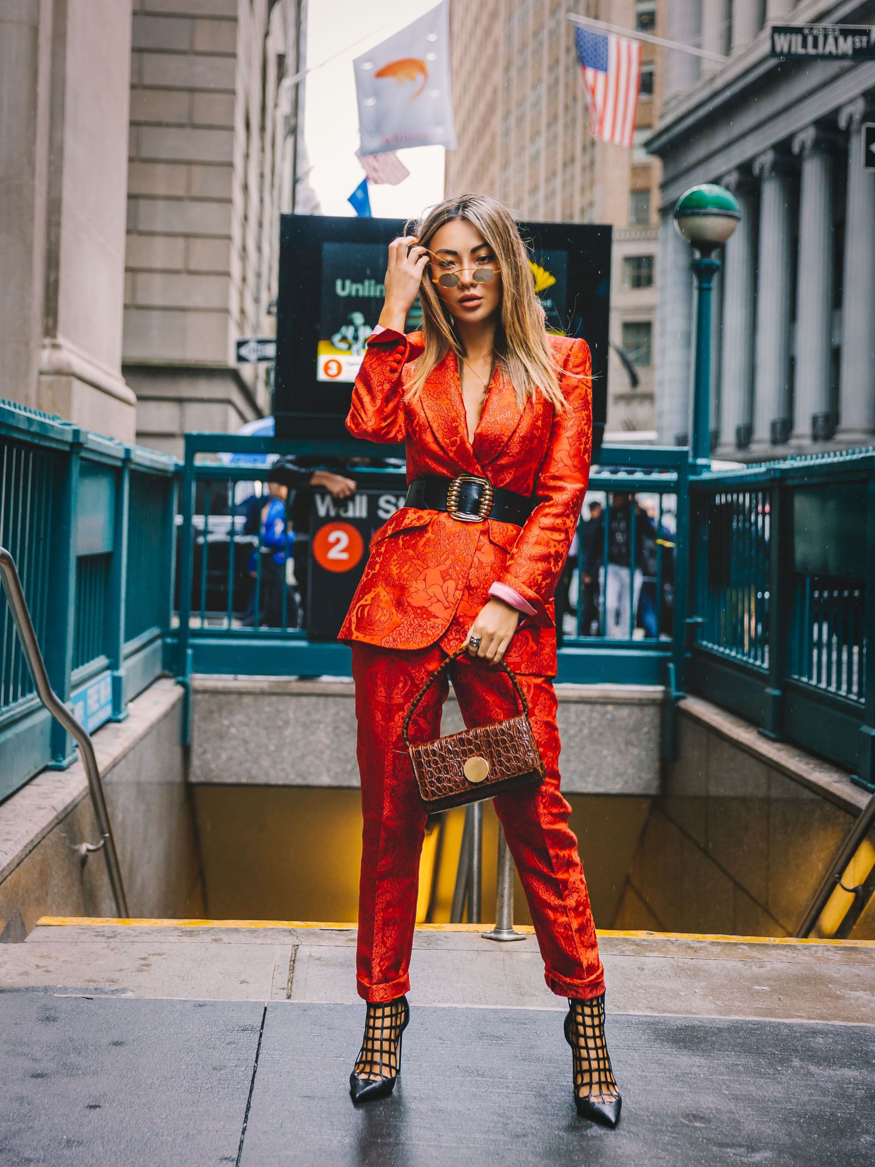 how to style a blazer, red jacquard blazer, NYFW SS19 Recap, NYFW SS19 Street Style, Red Suit, Jimmy Choo Caged booties // Notjessfashion.com