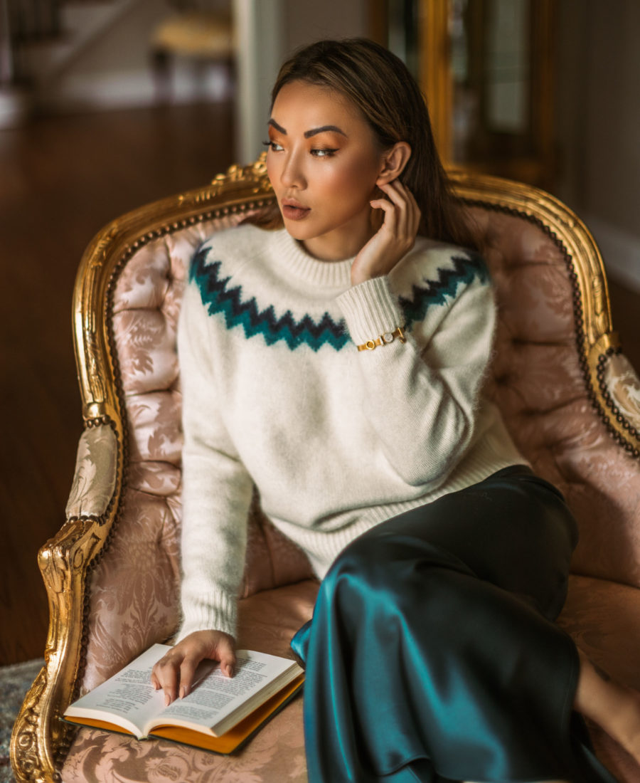 fashion blogger jessica wang shares holiday party makeup looks in fairisle sweater with metallic eyelids // Notjessfashion.com