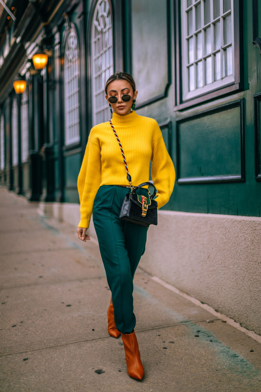 Fresh Fall Outfit Color Combinations to Try - Green and Yellow outfit, Gucci Bag // Notjessfashion.com