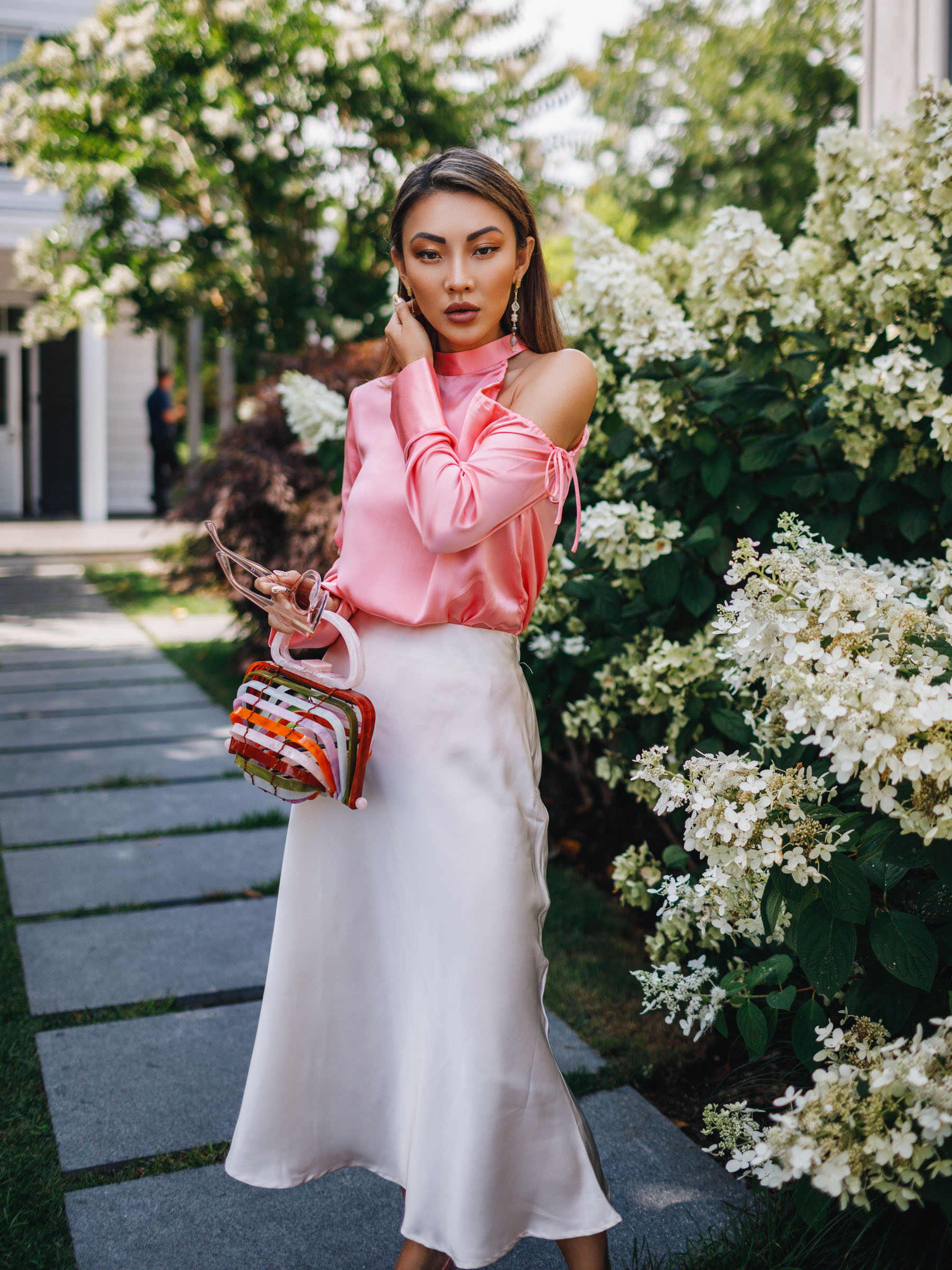 summer staples to take into fall, Dressy date night look, satin fashion trend, cult gaia bag // Notjessfashion.com