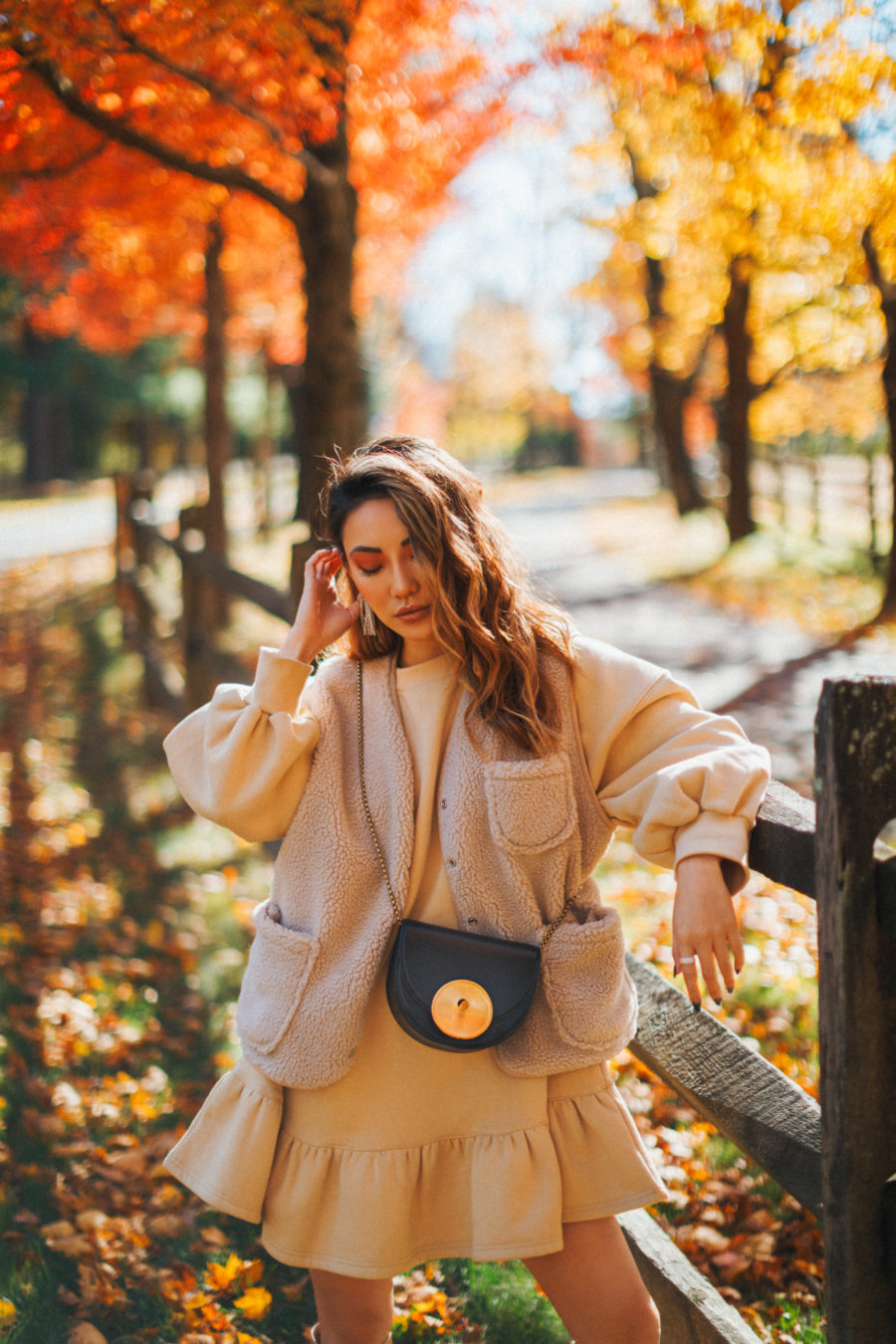 my recent summer to fall transition outfits - camel monochromatic, camel sweater dress, fleece jacket // Jessica Wang - Notjessfashion.com