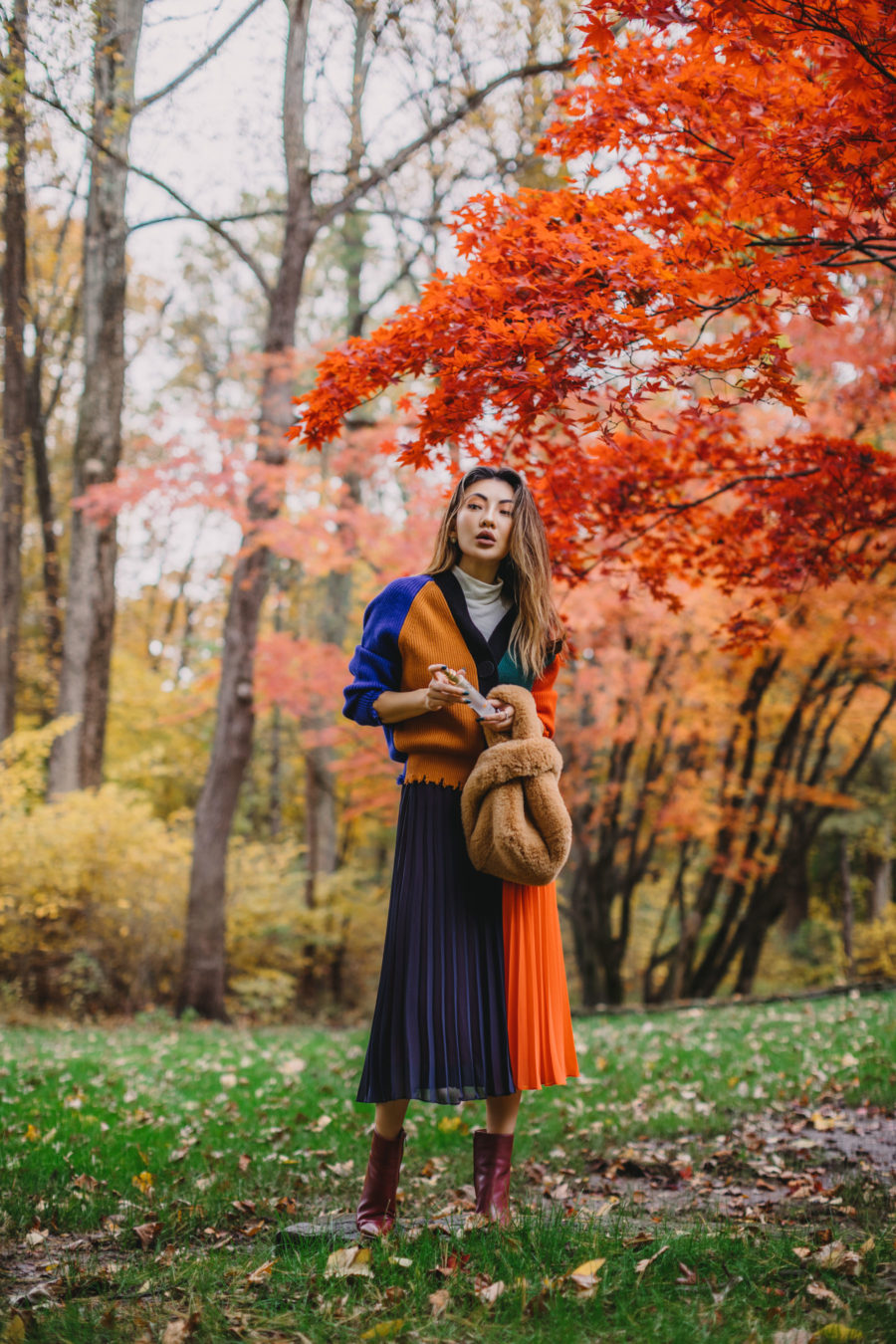 My recent summer to fall transition outfits - fall tones, orange and purple pleated skirt, red boots, multi color cardigan, beige turtle neck sweater // Jessica Wang - Notjessfashion.com