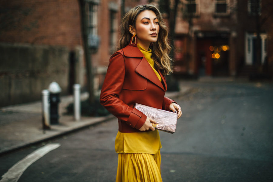 Holiday Party Outfit Ideas - reiss pleated skirt, reiss leather jacket, pleated skirt outfit // Notjessfashion.com