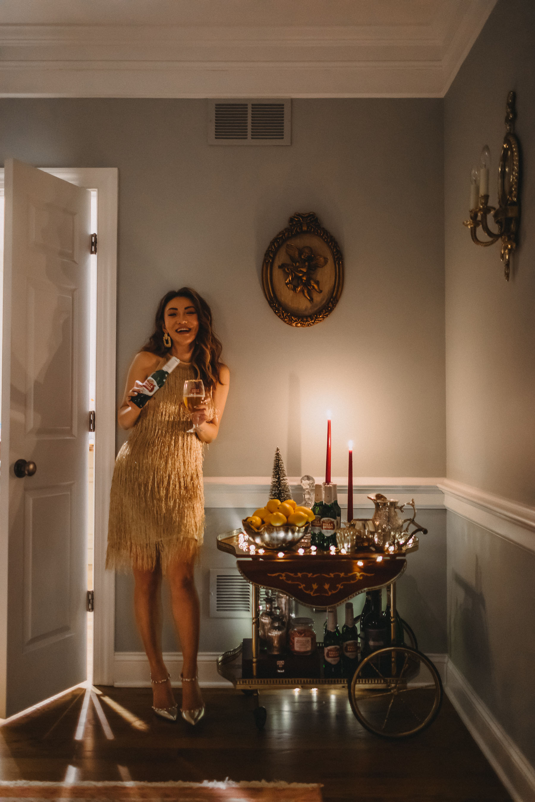 The gift of being present, stella artois beer, holiday party, gold fringe dress // Notjessfashion.com