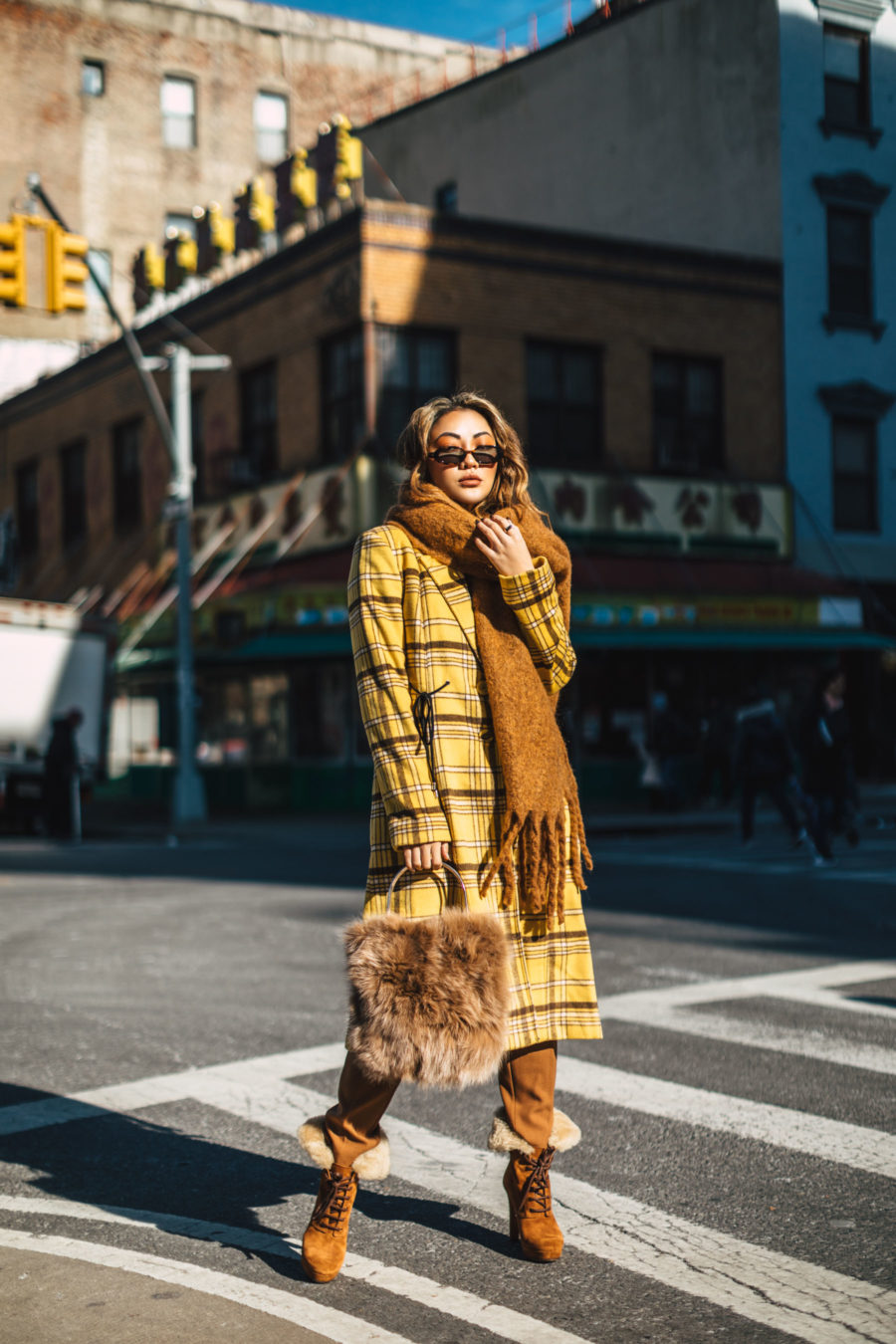 biggest winter boot trends - New York Fashion Blogger, yellow plaid coat, chunky scarf, fur handbag, platform boots // Notjessfashion.com