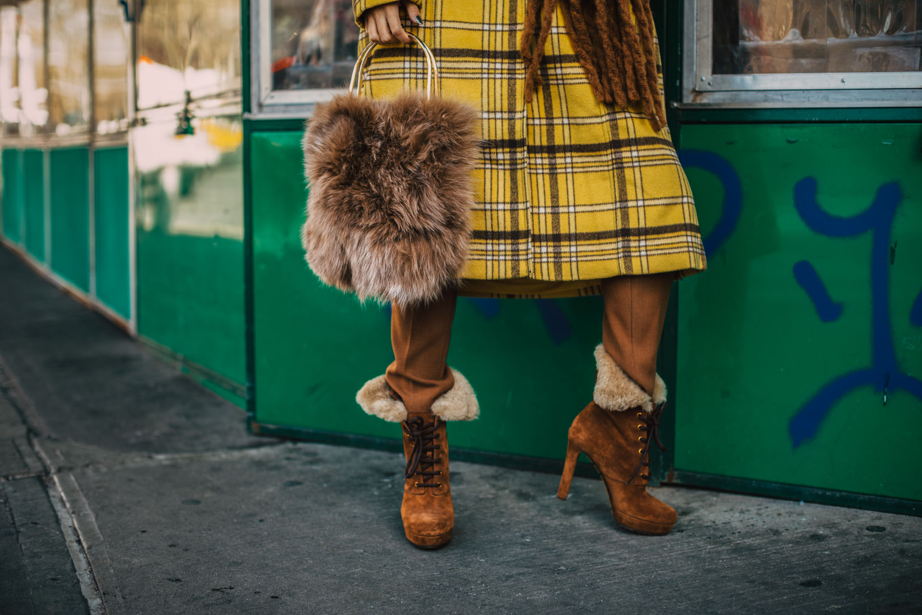 best fall 2019 boots, faux fur boots, New York Fashion Blogger, yellow plaid coat, chunky scarf, fur handbag // Notjessfashion.com