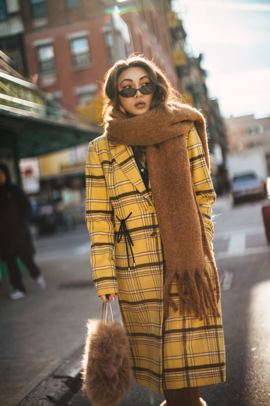 Biggest Fashion Trends for 2019 - oval sunglasses, New York Fashion Blogger, yellow plaid coat, chunky scarf, fur handbag // Notjessfashion.com