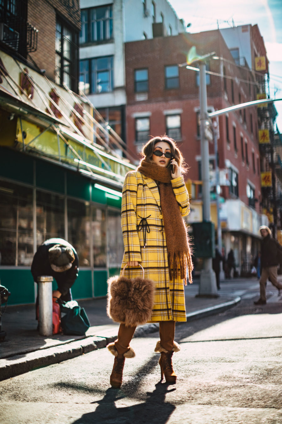 Behind the Scenes of a Successful Photoshoot Uber - New York Fashion Blogger, yellow plaid coat, chunky scarf, fur handbag // Notjessfashion.com